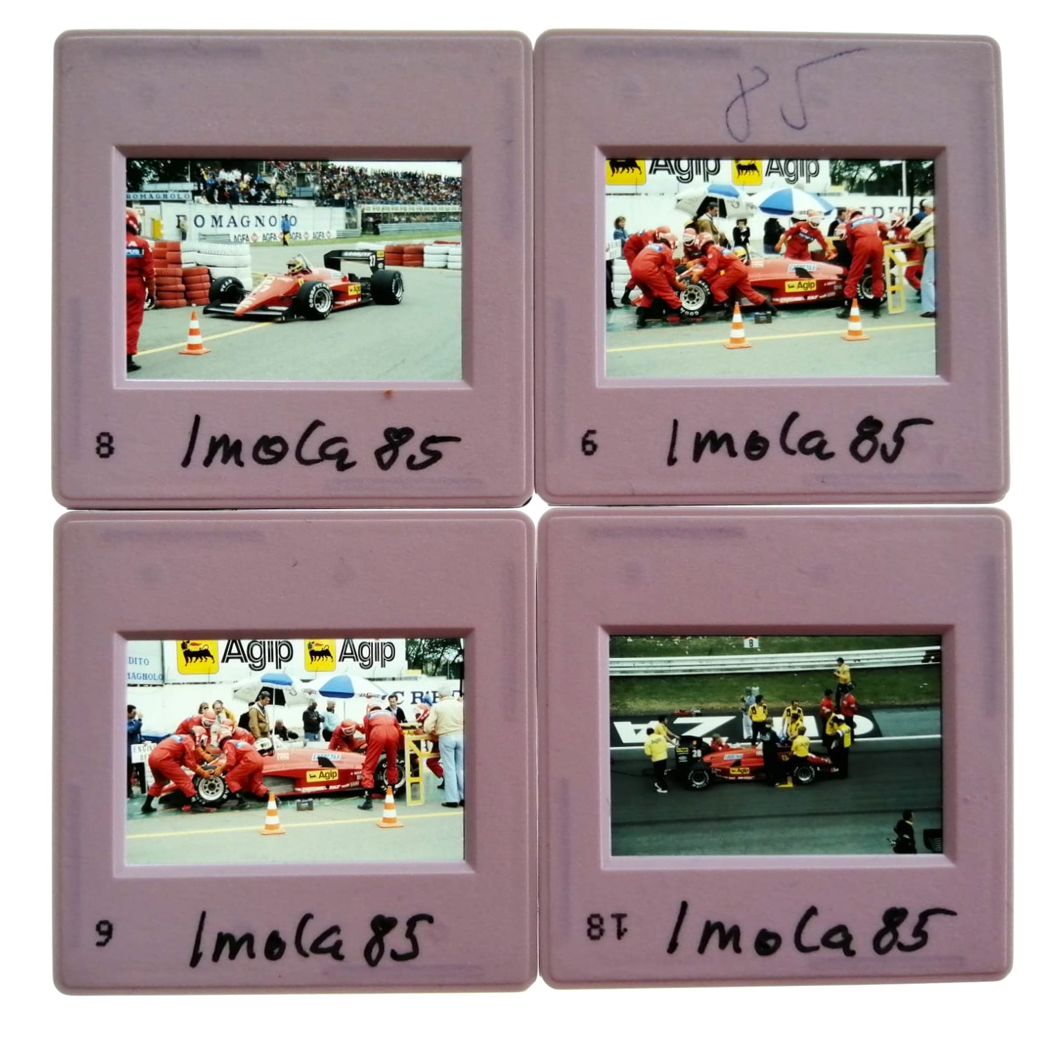 4 Stück alte Presse Foto DIAs, Stefan Johansson, Michele Alboreto, Ferrari, Formel 1 Grand Prix San Marino Imola 1985, 5x5cm