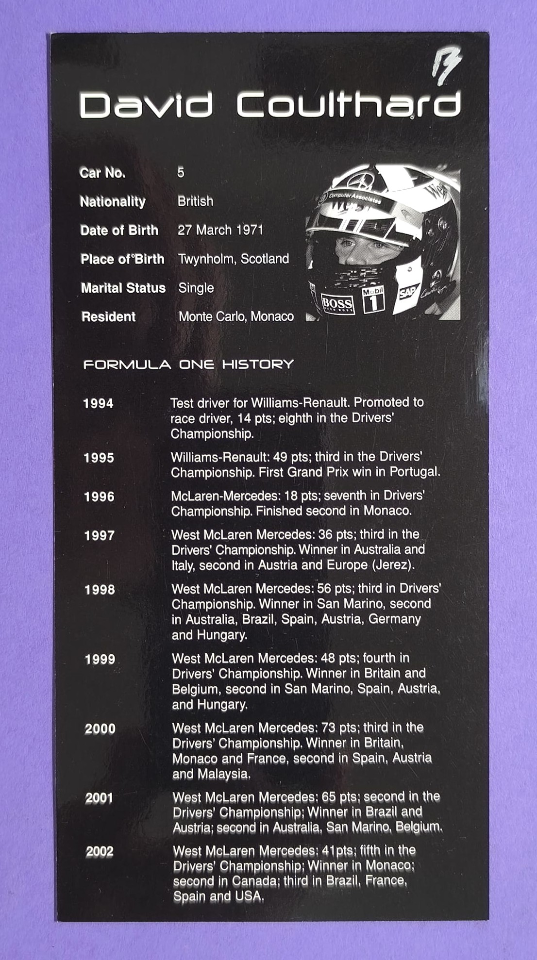 alte Autogrammkarte, David Coulthard, McLaren Mercedes, Formel 1 Grand Prix 2002, 9x18cm