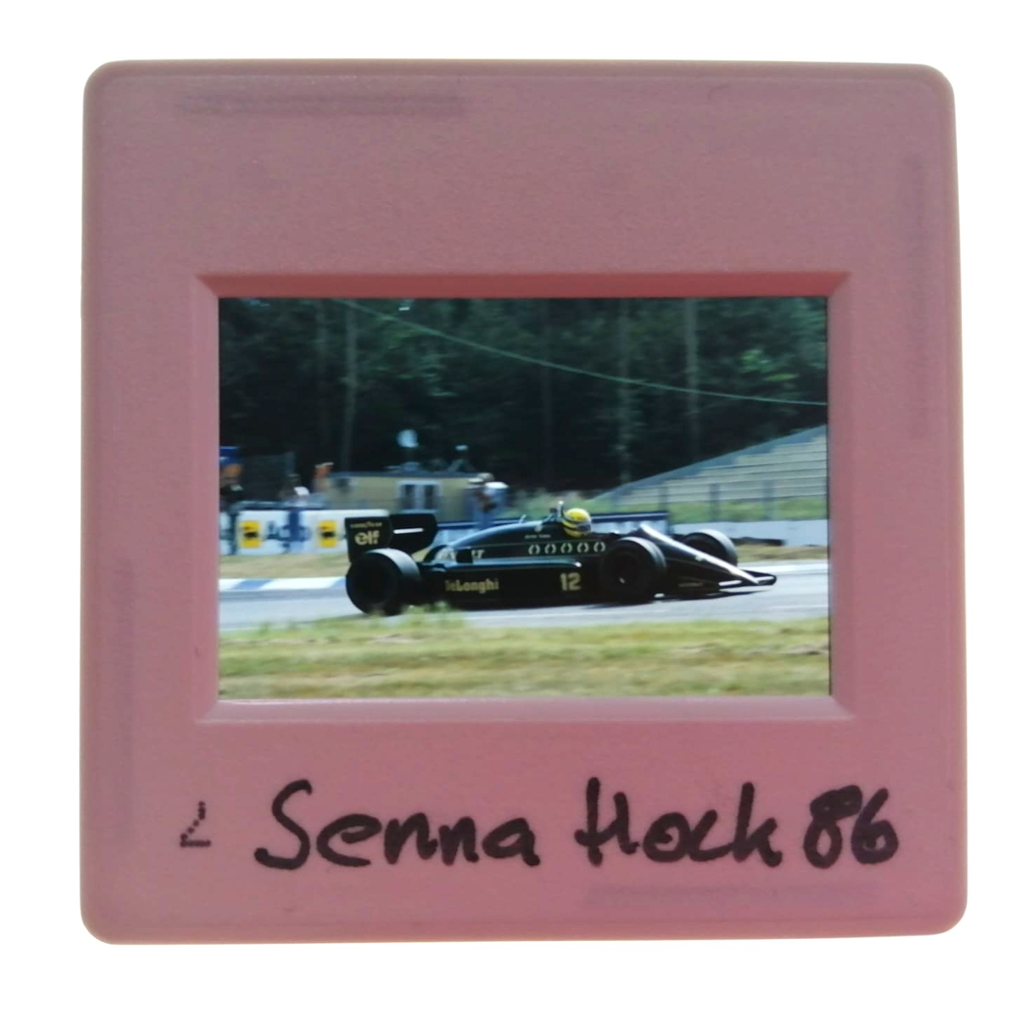 altes Presse Foto DIA, Ayrton Senna, John Player Lotus Renault, Formel 1 Grand Prix Deutschland Hockenheimring 1986, 5x5cm