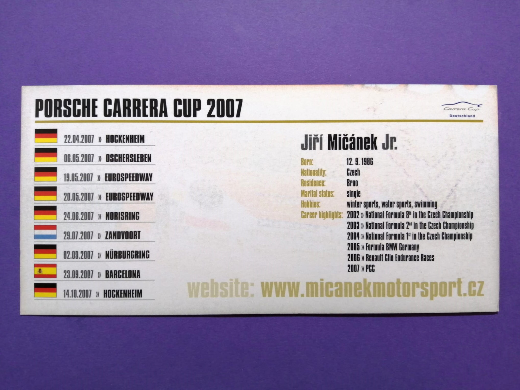 Original Autogramm, Jiri Micanek junior, Porsche 911 Carrera Cup 2007, Karte 10x21cm 