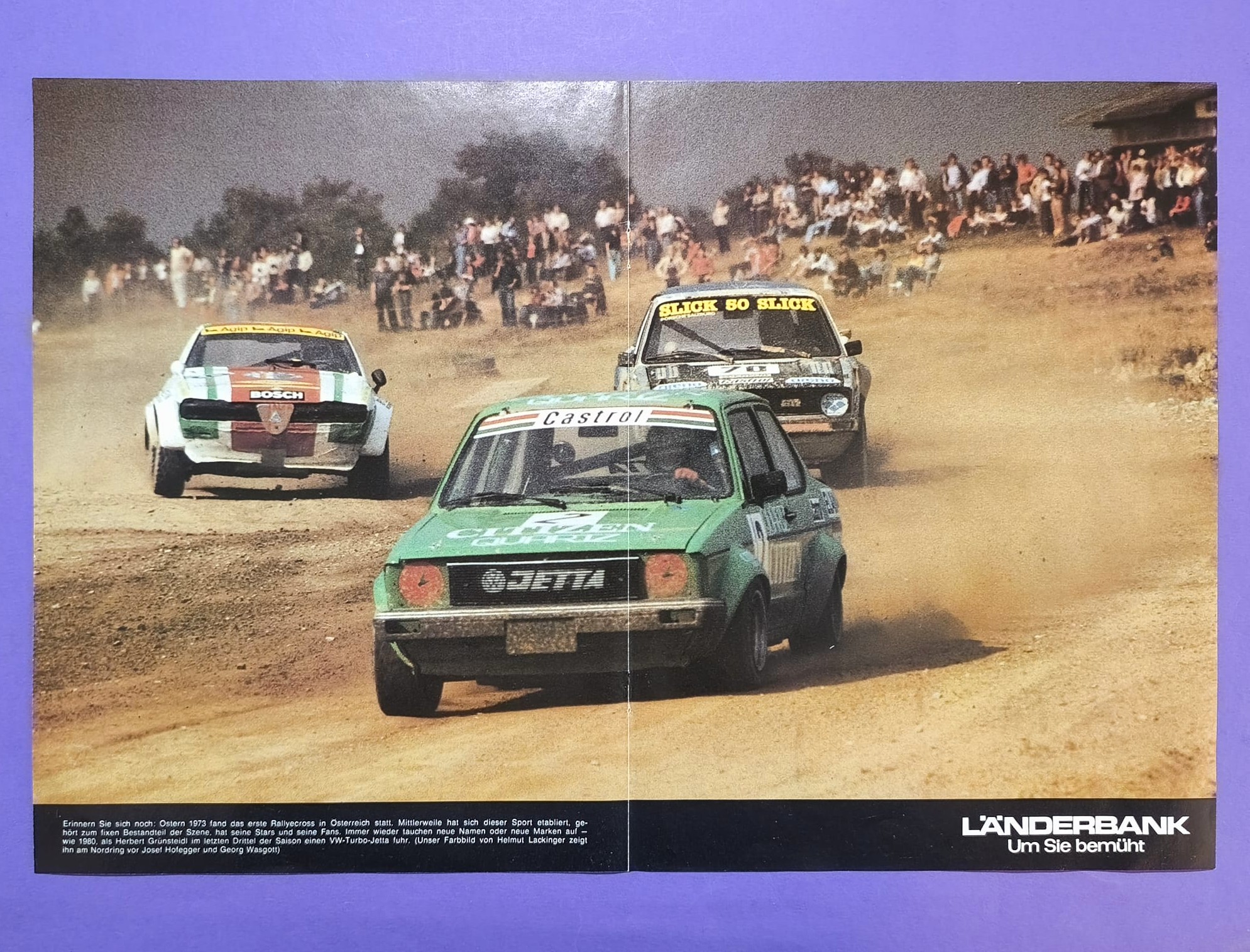 altes Poster, VW Jetta Turbo, Herbert Grünsteidl, Alfa Romeo GTV, Rallye Cross Horn Nordring 1980, 28x42cm