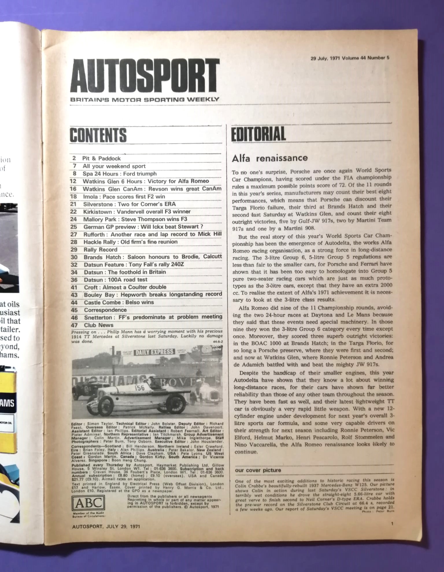 alte Zeitschrift Magazin Heft Autosport, 29. Juli 1971, Porsche 917, Can-Am USA, Datsun Rallye,.. Englisch 
