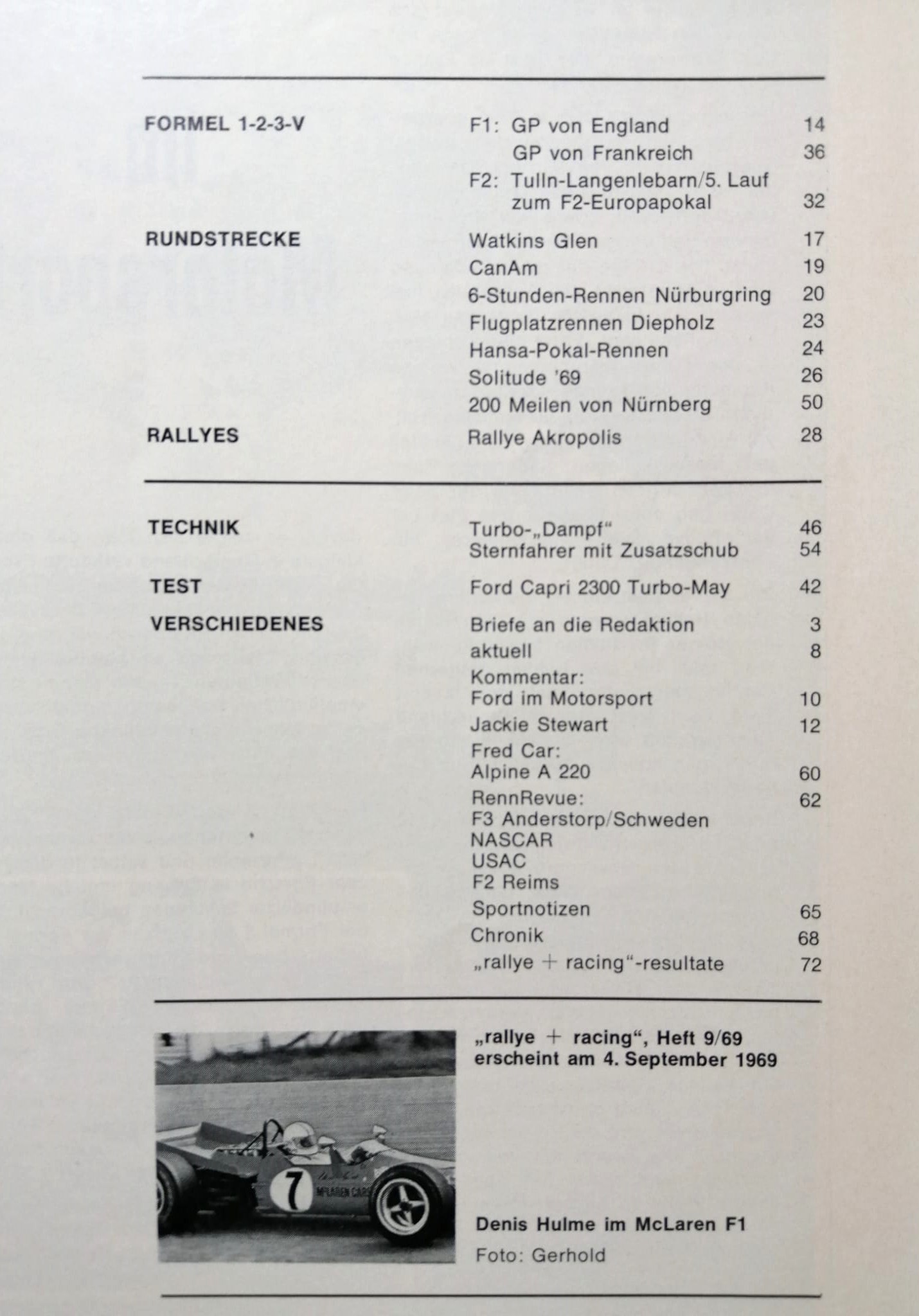 alte Zeitschrift Magazin Heft, Rallye Racing 08/1969, Jochen Rindt, F. Cevert, Formel 2 Tulln Langenlebarn,.. mit Mittelposter Schurti Formel V 
