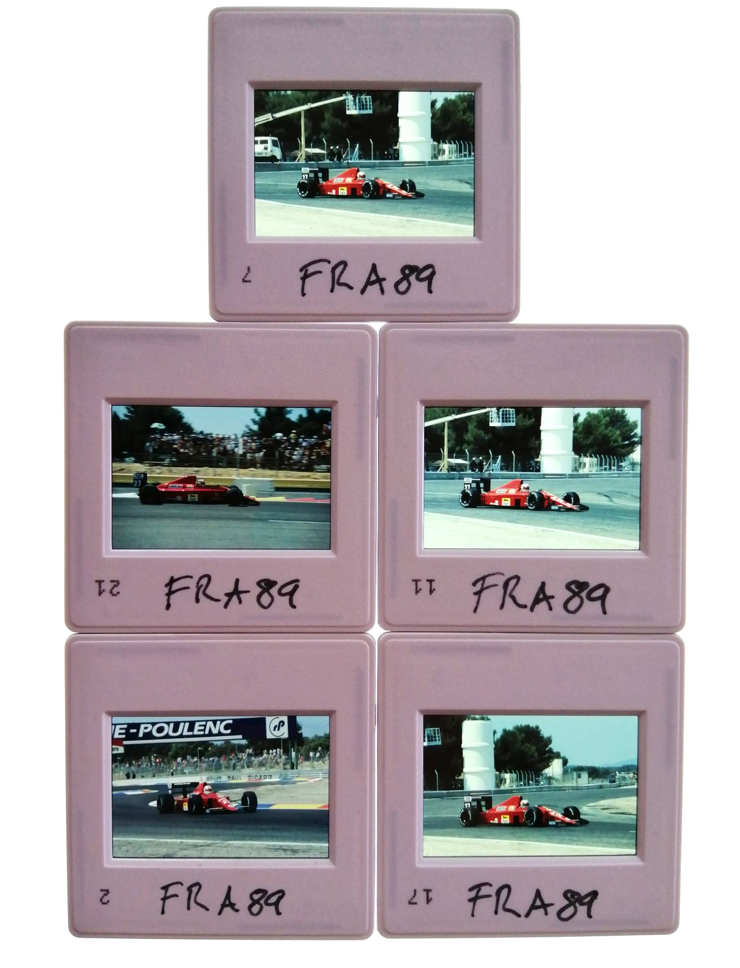 5 Stück alte Presse Foto DIAs, Nigel Mansell, Ferrari, Formel 1 Grand Prix Frankreich Paul Ricard Le Castellet 1989, 5x5cm