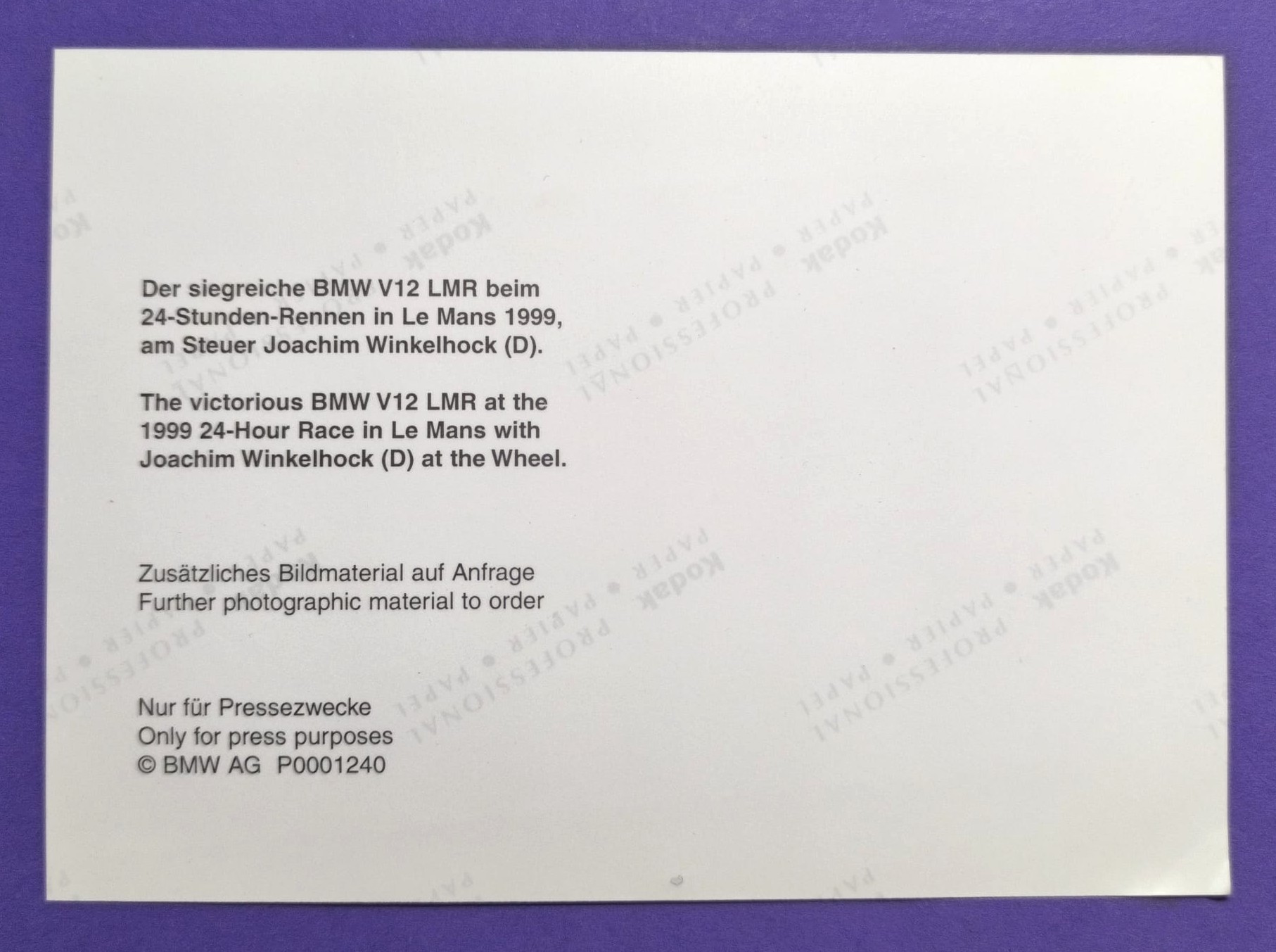 altes Presse Werksfoto, BMW V12 LMR, Sieger 24h LeMans 1999, Joachim Winkelhock, 13x18cm