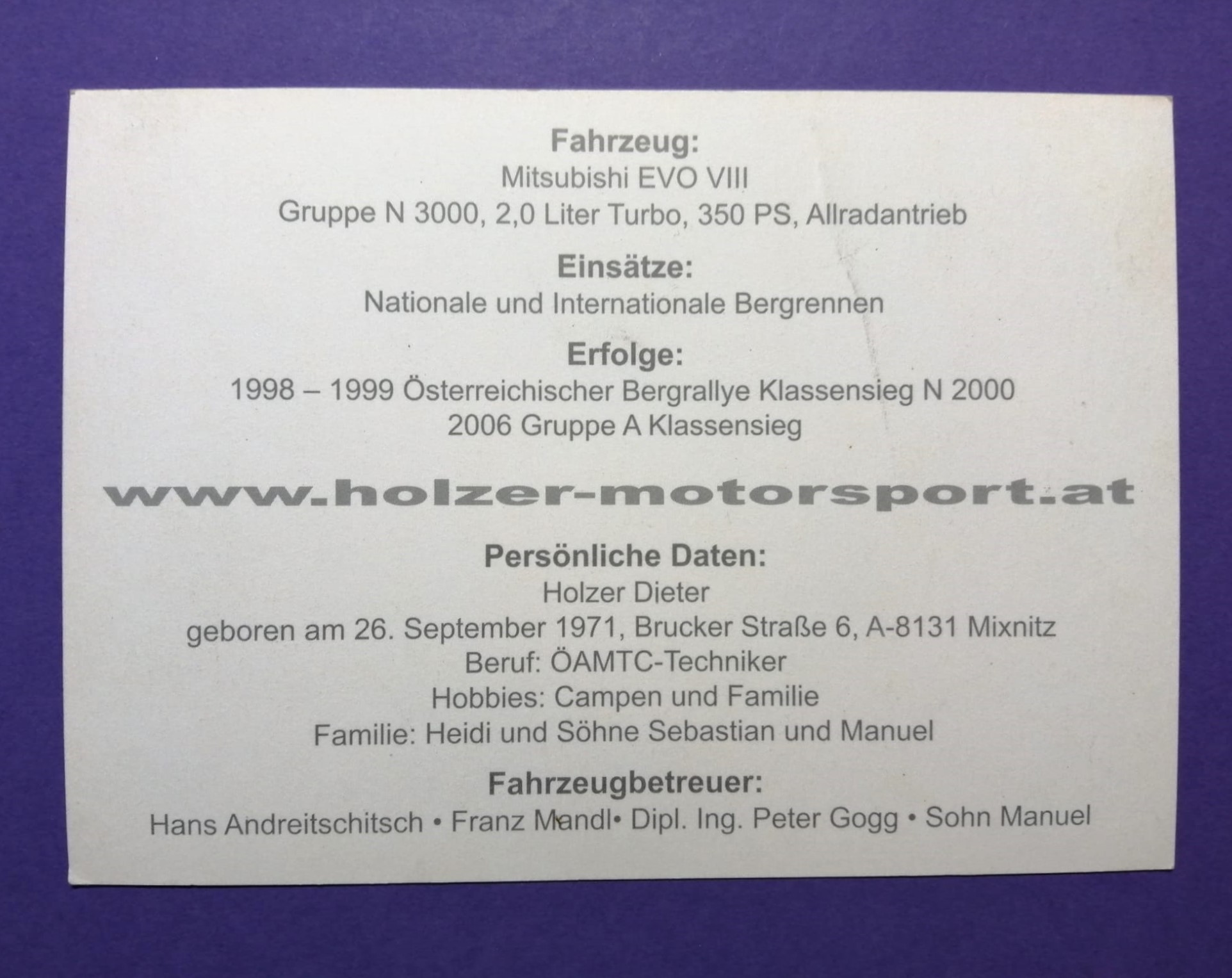 alte Autogrammkarte, Dieter Holzer, Mitsubishi Lancer Evo 8 Bergrallye, 90er, 2000er Jahre, 11x15cm