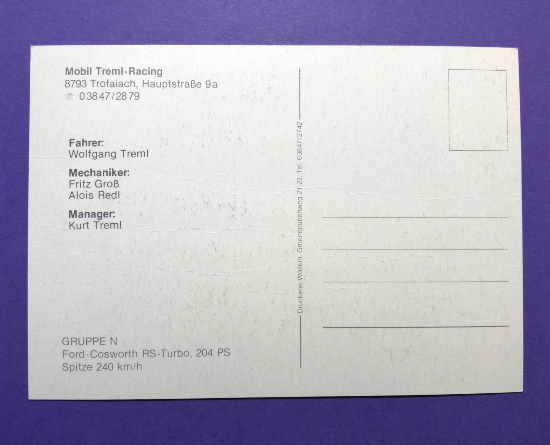 alte Autogrammkarte, Wolfgang Treml, Ford Sierra Cosworth RS-Turbo, 11x15cm