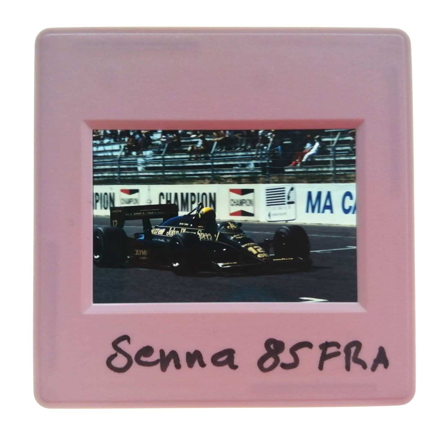 altes Presse Foto DIA, Ayrton Senna, John Player Lotus Renault, Formel 1 Grand Prix Frankreich Le Castellet Paul Ricard 1985, 5x5cm