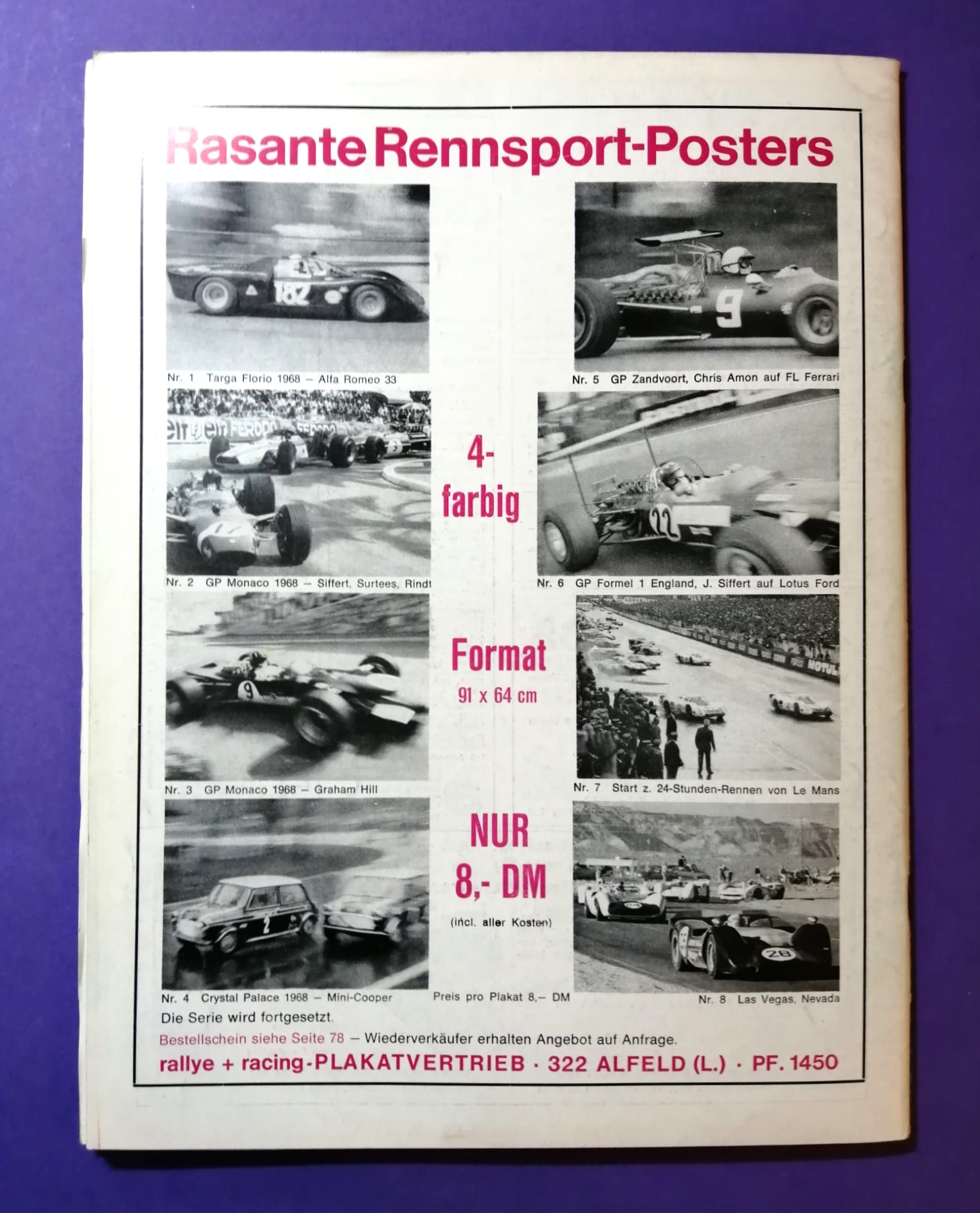 alte Zeitschrift Magazin Heft, Rallye Racing 08/1969, Jochen Rindt, F. Cevert, Formel 2 Tulln Langenlebarn,.. mit Mittelposter Schurti Formel V 