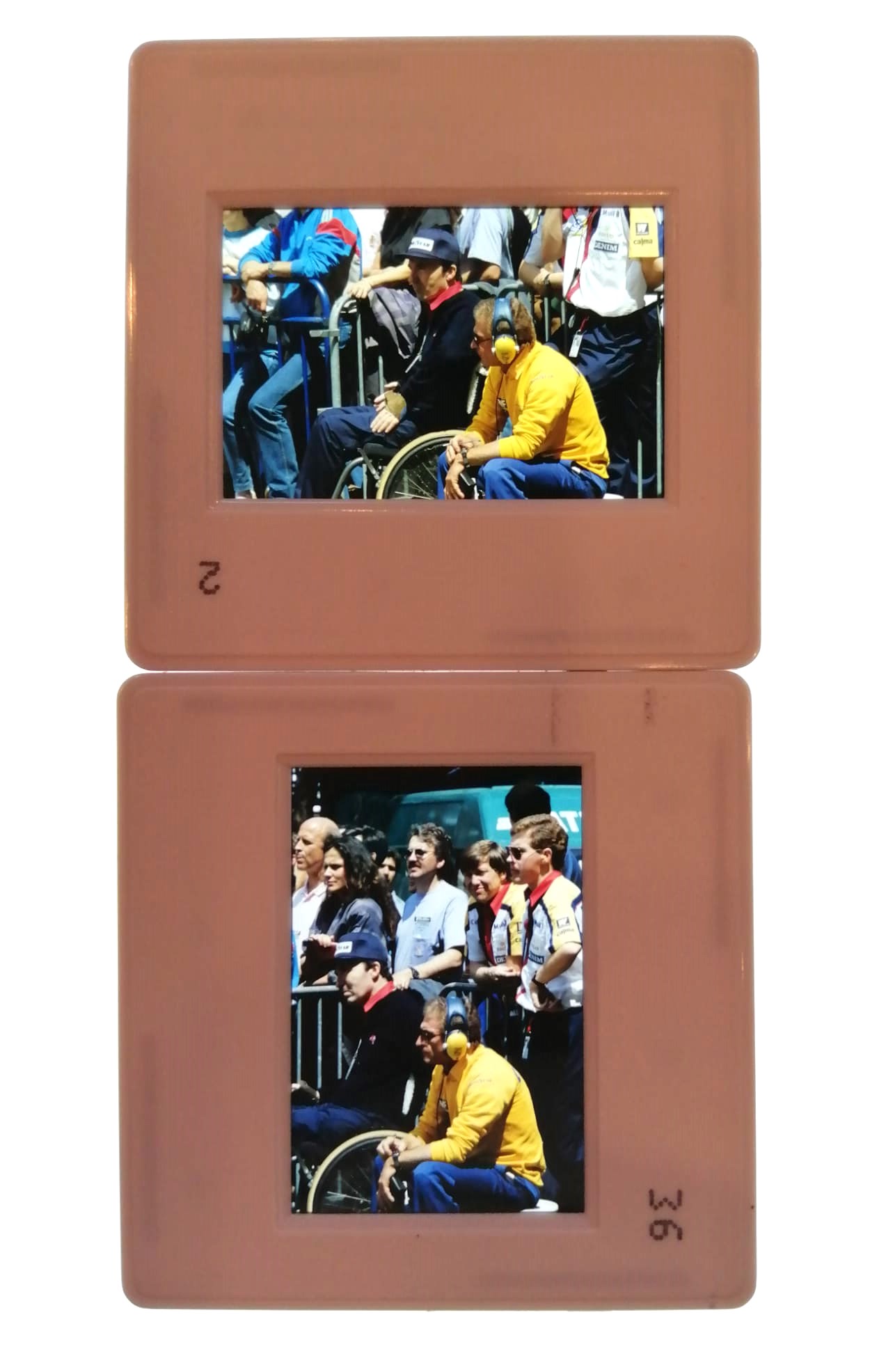 2 Stück alte Presse Foto DIAs, Frank Williams, Formel 1 Grand Prix Monaco 1988, 5x5cm