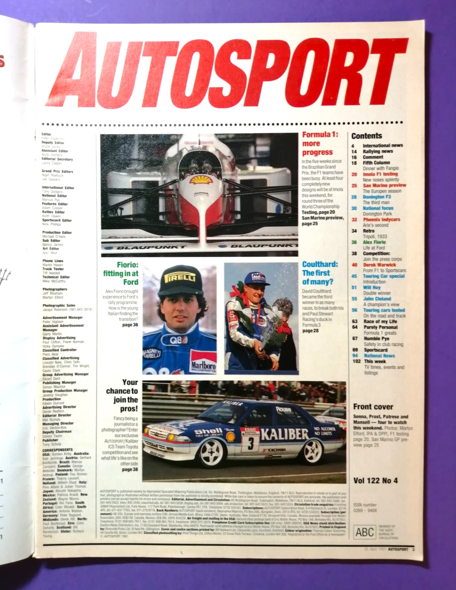 alte Zeitschrift Magazin Heft Autosport, 25. April 1991, Formel 1, Rallye, Tourenwagen, BMW E30,.. Englisch