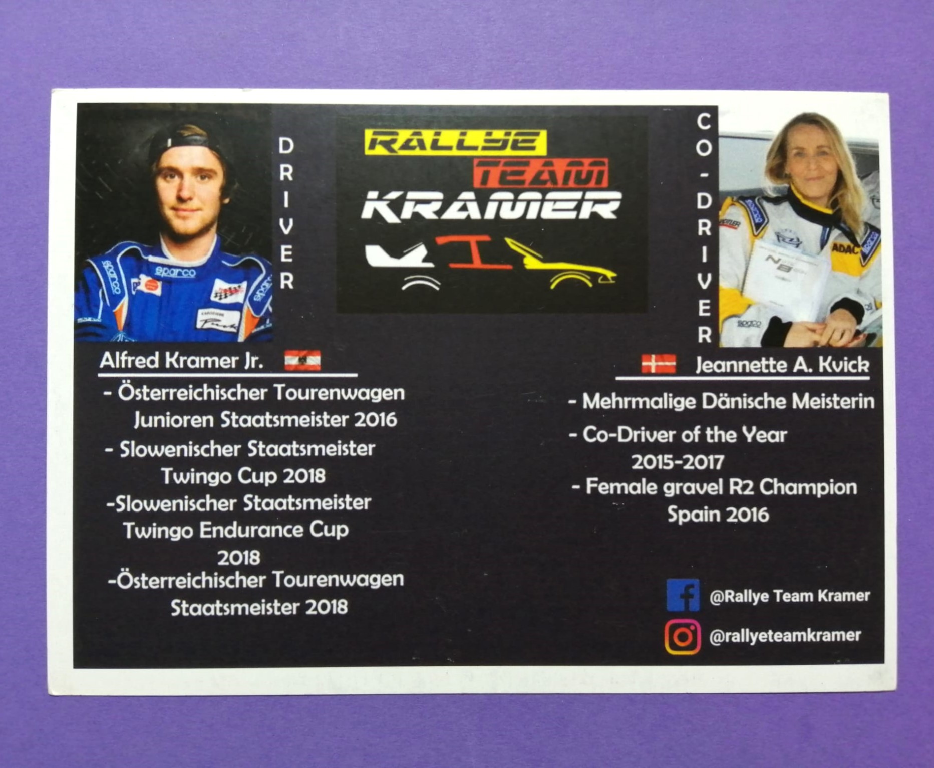 2 Original Autogramme, Alfred Kramer Junior, Jeannette A. Kvick, Renault Clio, Rallye Österreich, 11x15cm