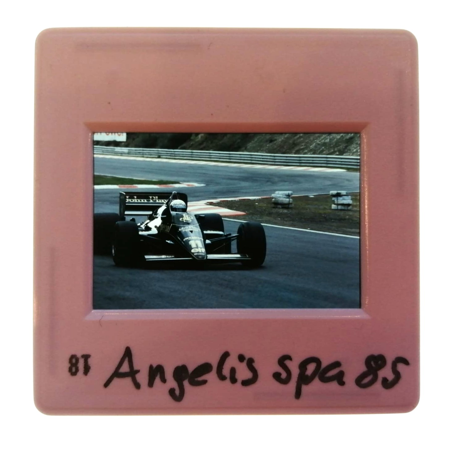 altes Presse Foto DIA, Elio de Angelis, John Player Lotus, Formel 1 Grand Prix Belgien Spa-Francorchamps 1985, 5x5cm