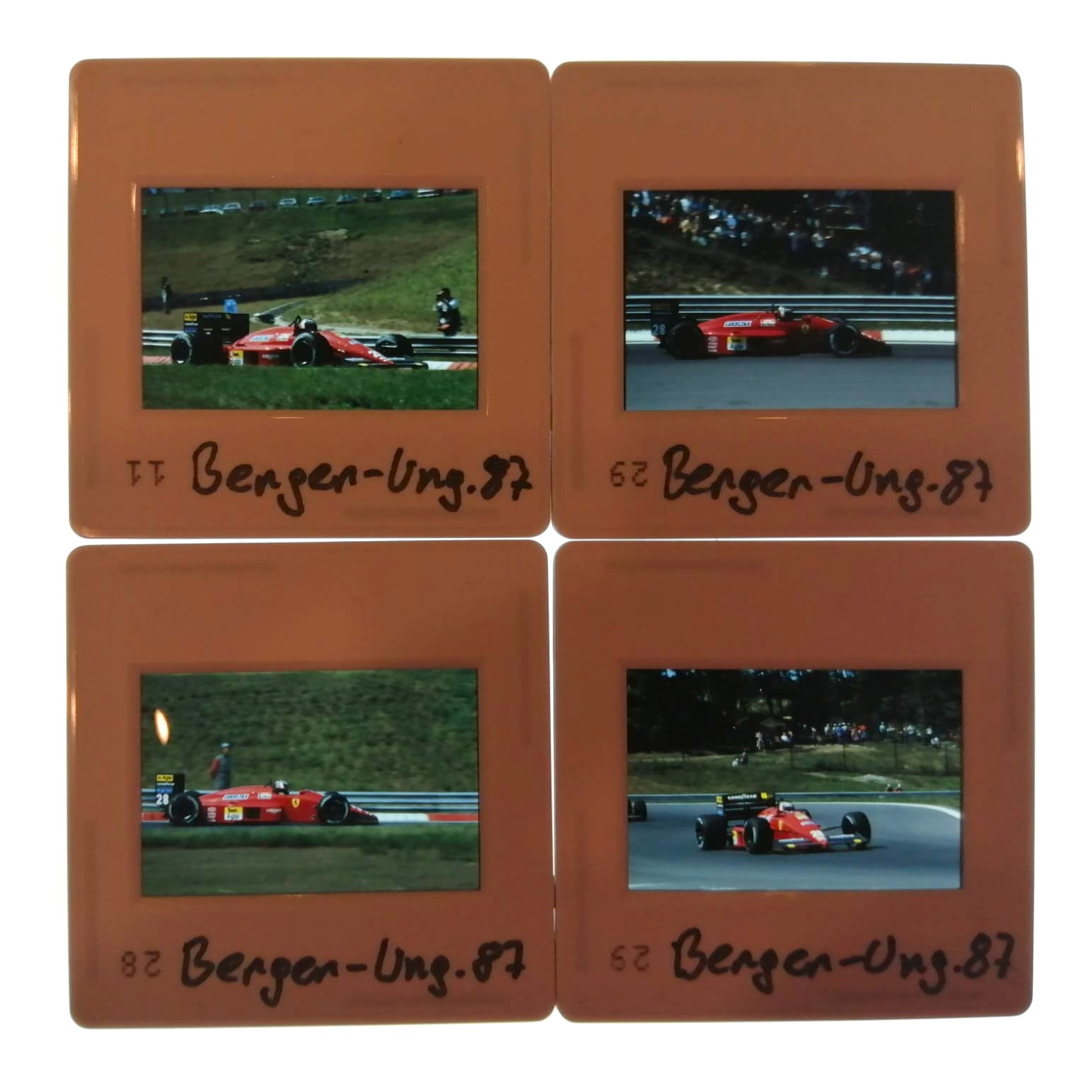 4 Stück alte Presse Foto DIAs, Gerhard Berger, Ferrari, Formel 1 Grand Prix Ungarn Hungaroring Budapest 1987, 5x5cm 