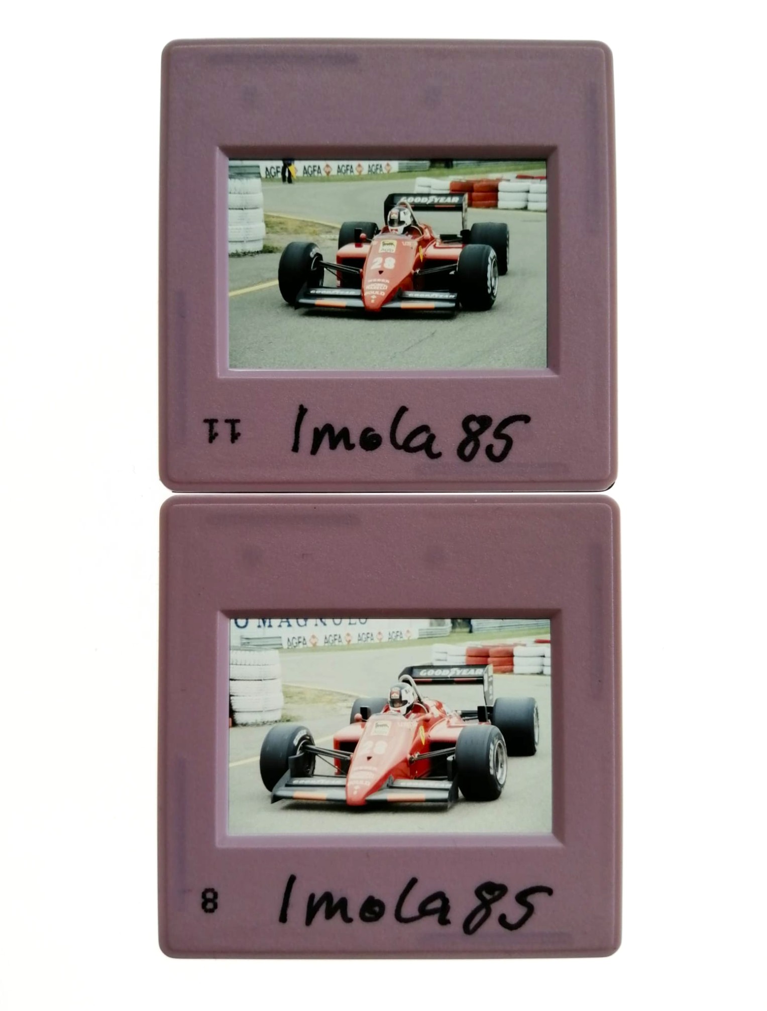 2 Stück alte Presse Foto DIAs, Stefan Johansson, Ferrari, Formel 1 Grand Prix San Marino Imola 1985, 5x5cm