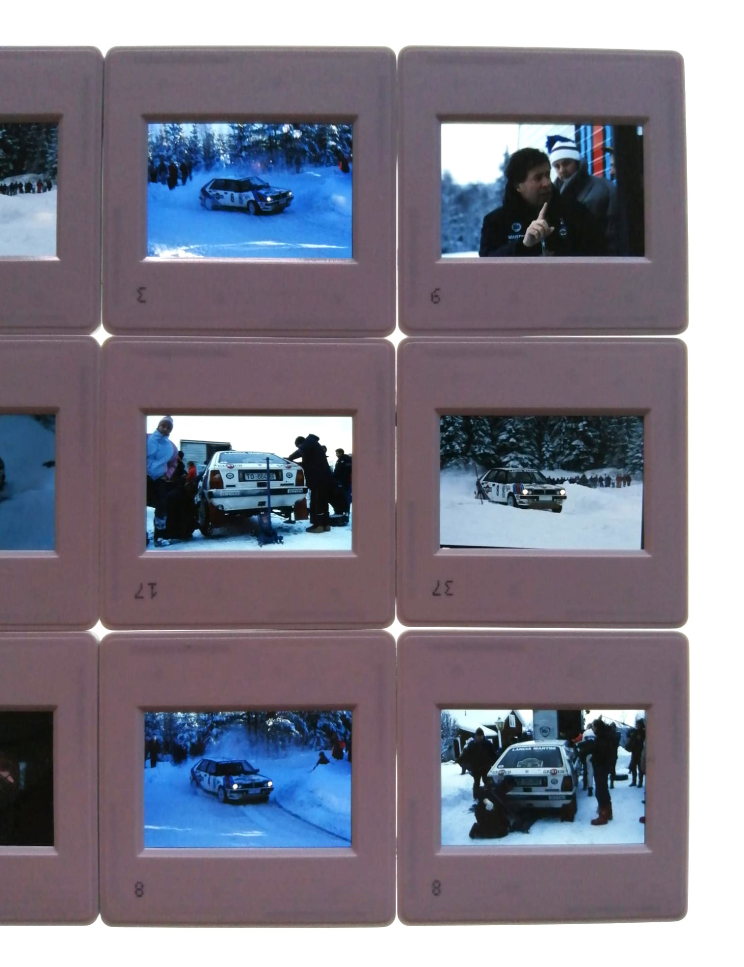 12 Stück alte Presse Foto DIAs, Martini Lancia Delta HF 4WD, Juha Kankkunen, Mikael Ericsson, Markku Alén, Rallye WM Schweden 1987, 5x5cm