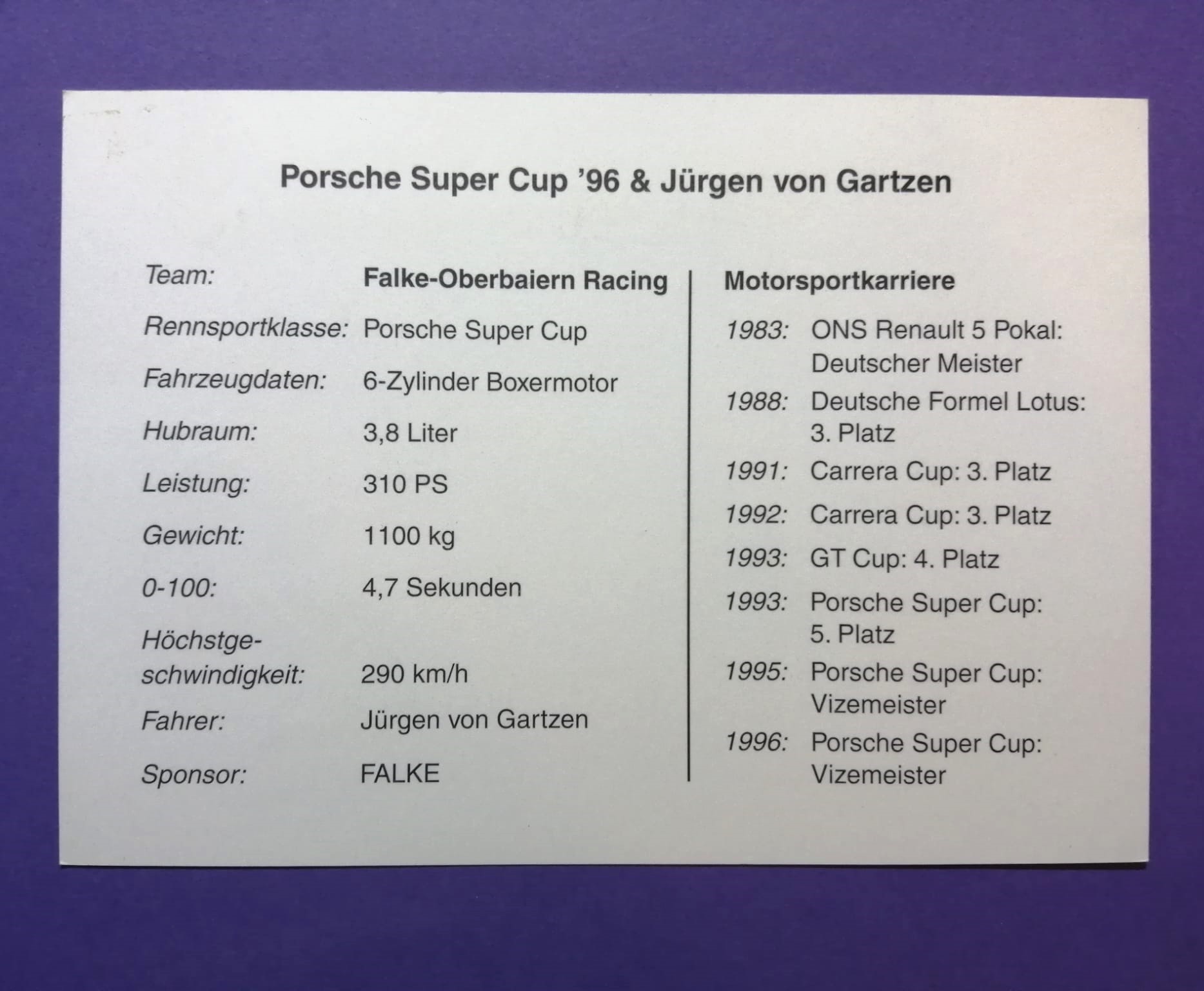 alte Autogrammkarte, Jürgen von Gartzen, Porsche 911 Supercup 1996, Monaco, 11x15cm