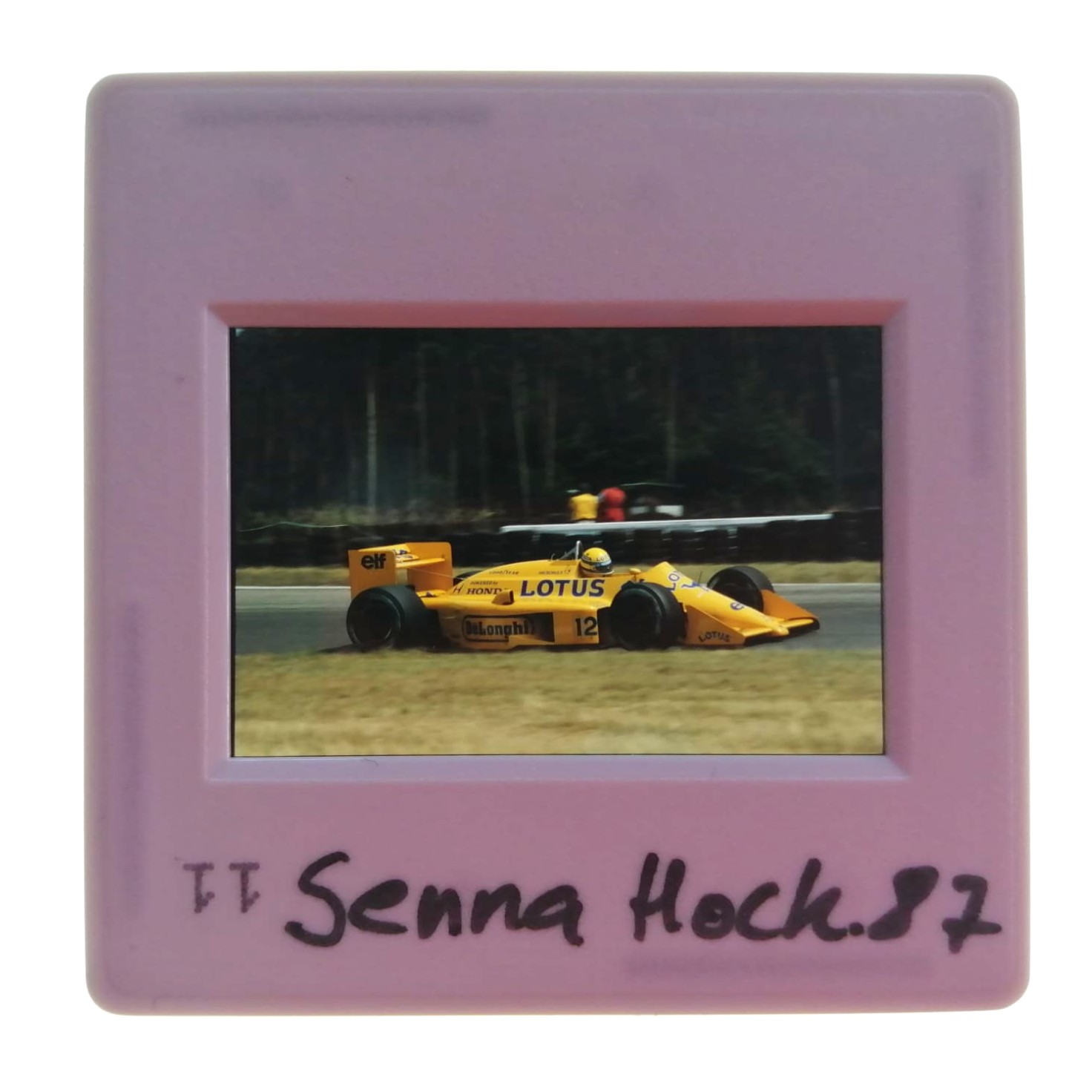 altes Presse Foto DIA, Ayrton Senna, Camel Lotus Honda, Formel 1 Grand Prix Deutschland Hockenheimring 1987, 5x5cm