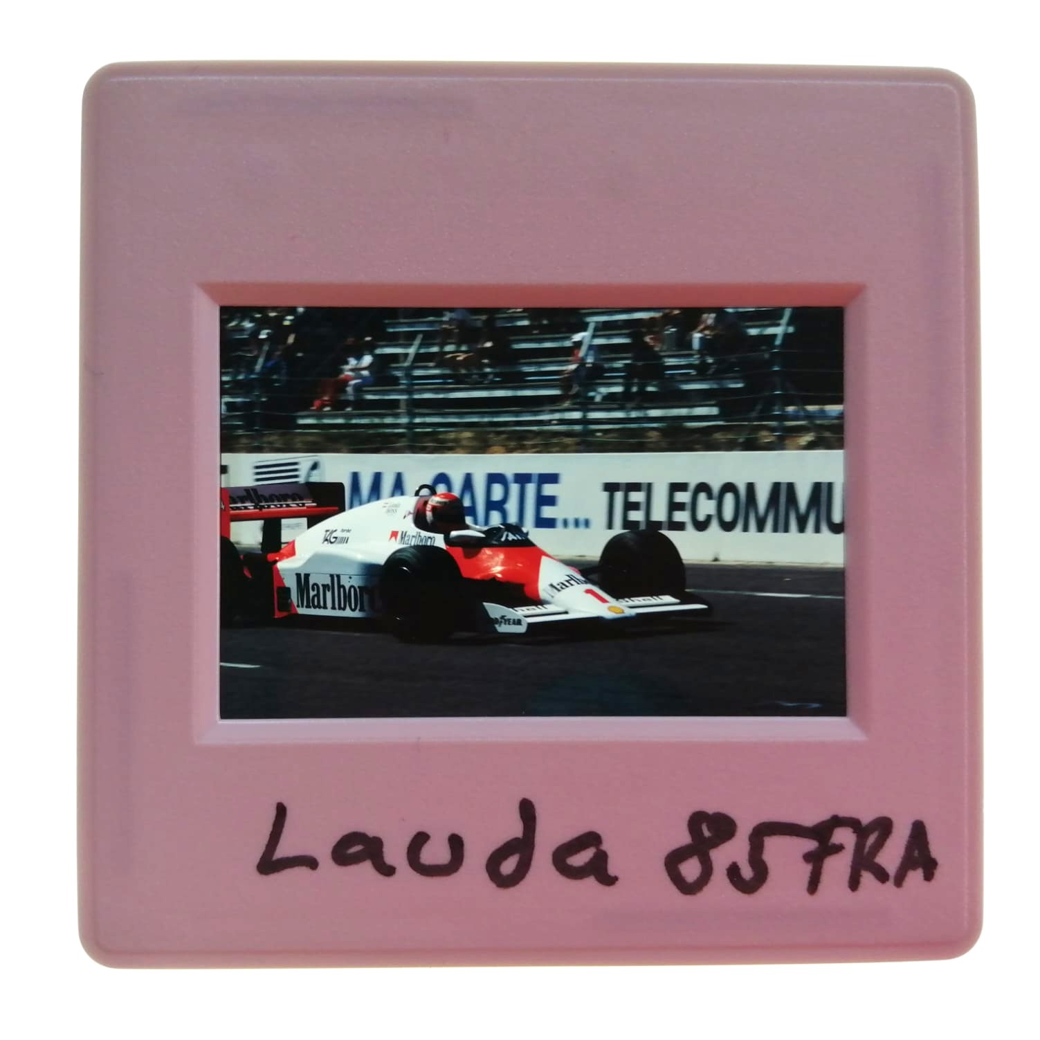 altes Presse Foto DIA, Niki Lauda, McLaren Porsche, Formel 1 Grand Prix Frankreich Le Castellet Paul Ricard 1985, 5x5cm