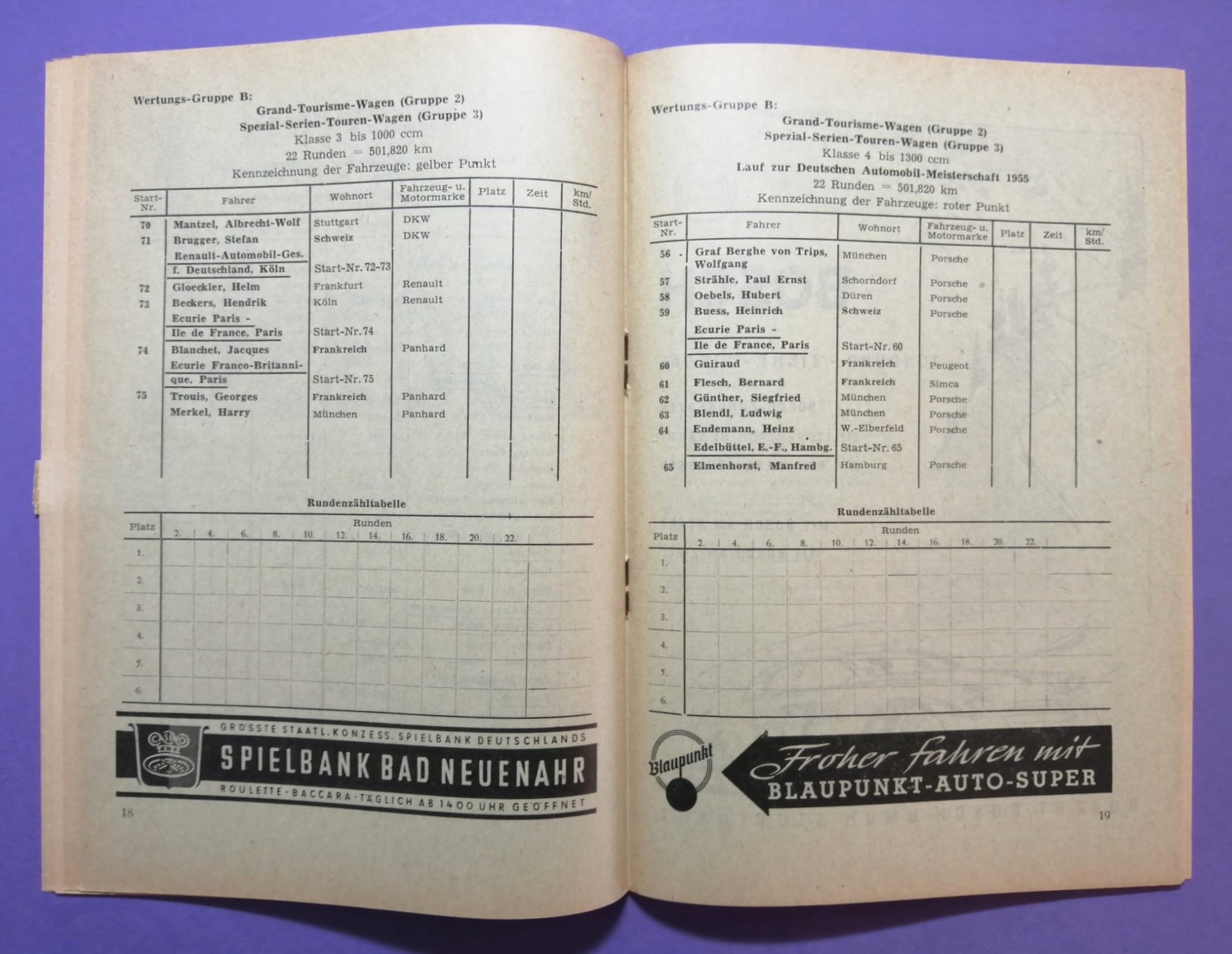 RARITÄT! altes Rennprogramm, 500km Rennen Nürburgring 1955, Grand Tourisme, Panhard, Porsche,.. Frankenberg, Moss, Trips,..