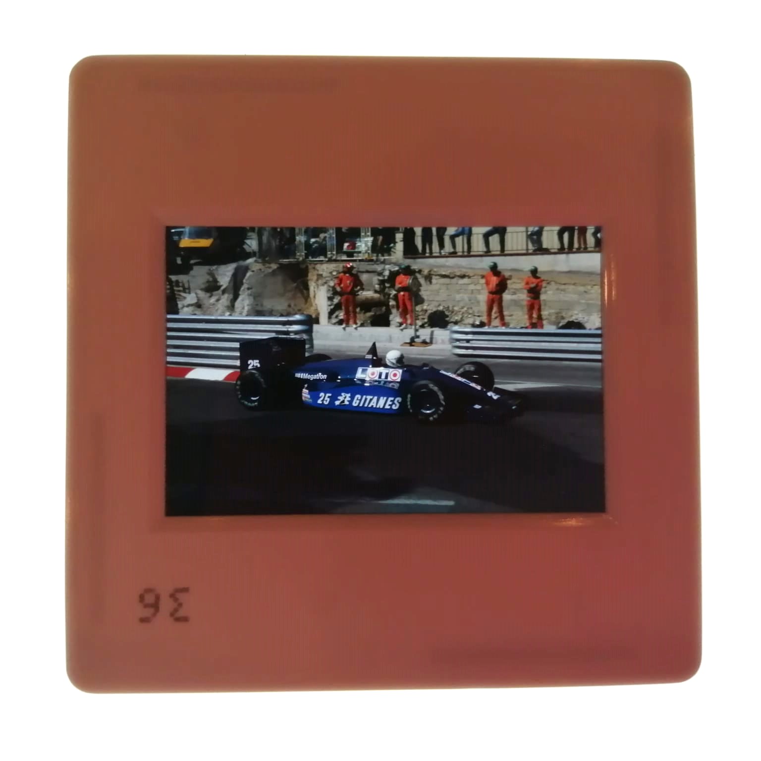 altes Presse Foto DIA, Rene Arnoux, Ligier, Formel 1 Grand Prix Monaco 1987, 5x5cm