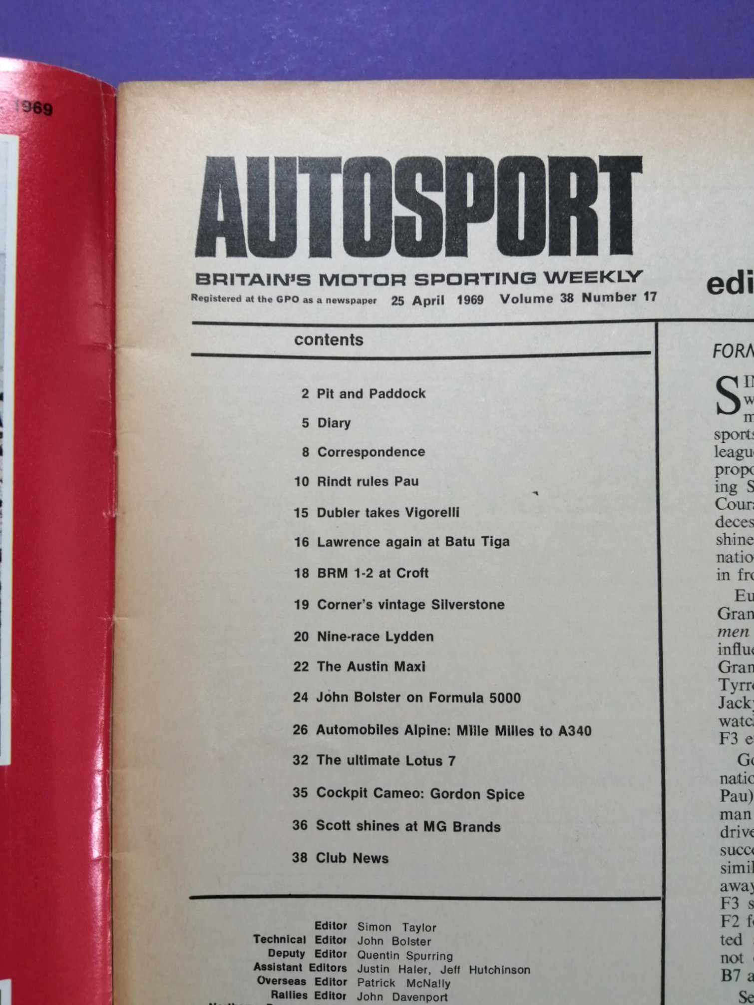 alte Zeitschrift Magazin Heft Autosport, 25. April 1969, Jochen Rindt Lotus Formel 2, Renault Alpine,.. Englisch!