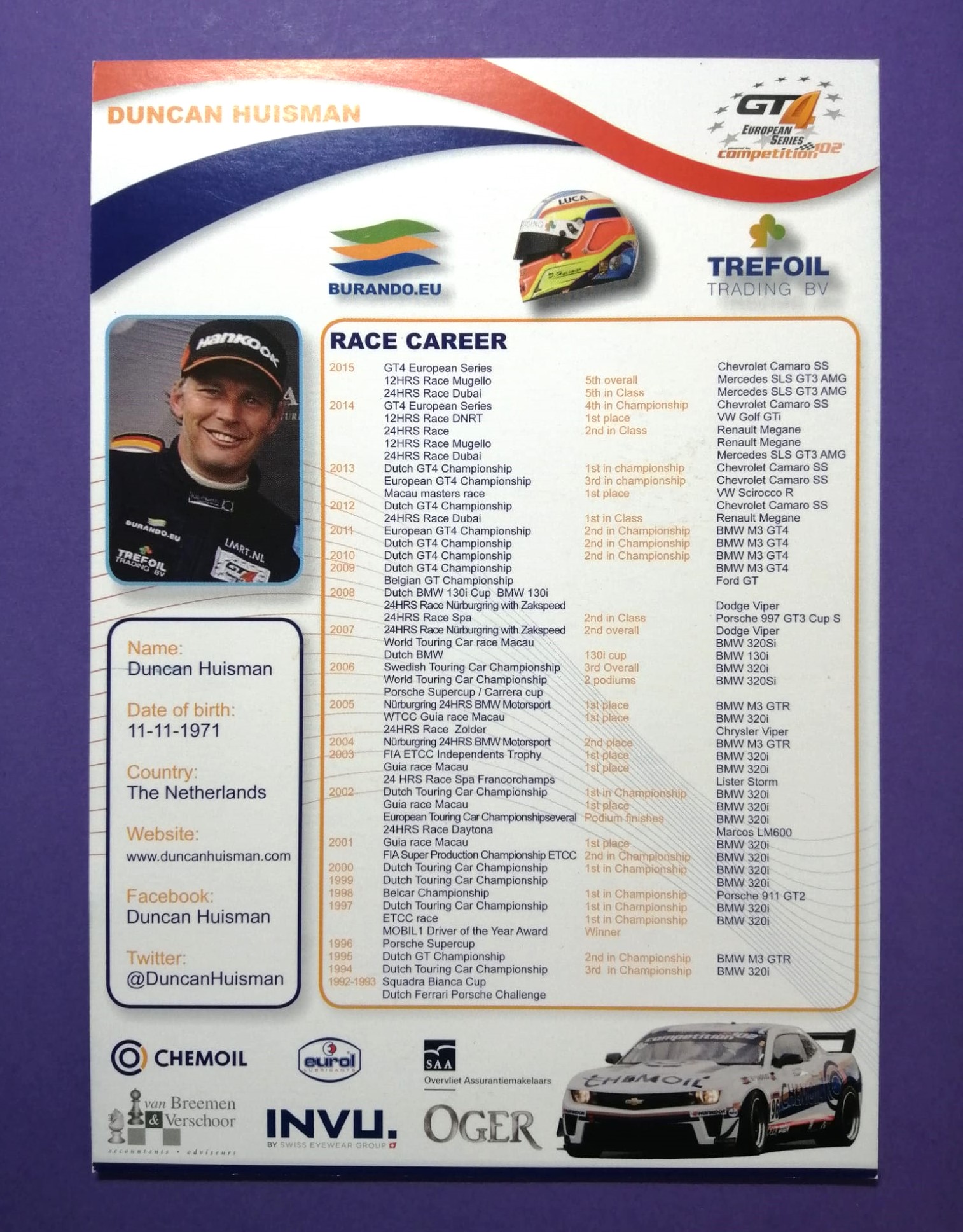 alte Autogrammkarte, Duncan Huisman, Chevrolet Camaro SS, Team Las Moras, GT4 European Series 2015, 15x21cm