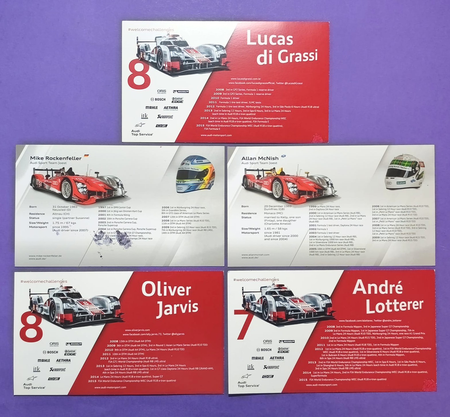 ABVERKAUF! 5 Stück Original Autogramme, Audi, 24h LeMans 2009, 2015, Original Audi Sport Karten 11x18cm