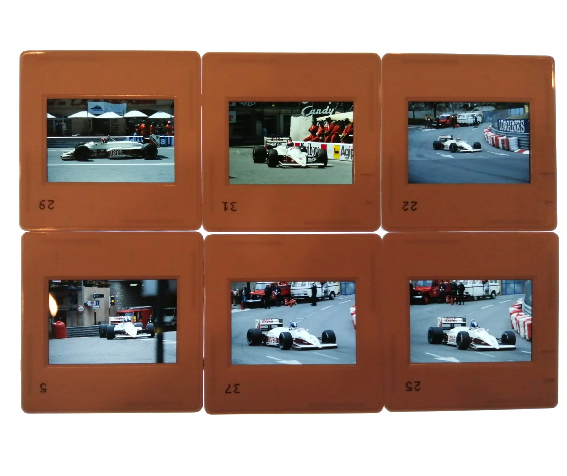6 Stück alte Presse Foto DIAs, Derek Warwick, Eddie Cheever, Arrows, Formel 1 Grand Prix Monaco 1988, 5x5cm