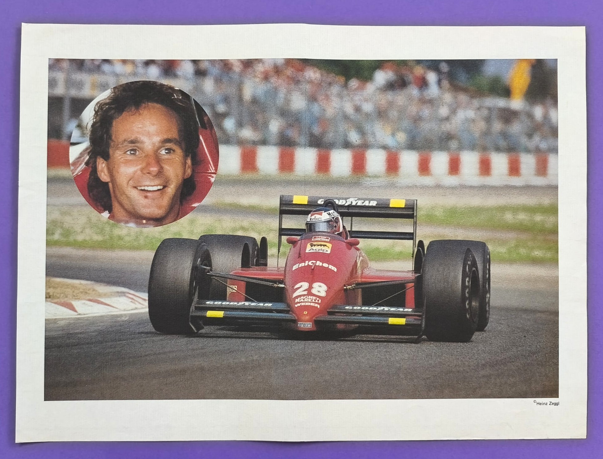 altes Poster Gerhard Berger, Ferrari, Formel 1 Grand Prix San Marino Imola 1987, 88, 29x40cm