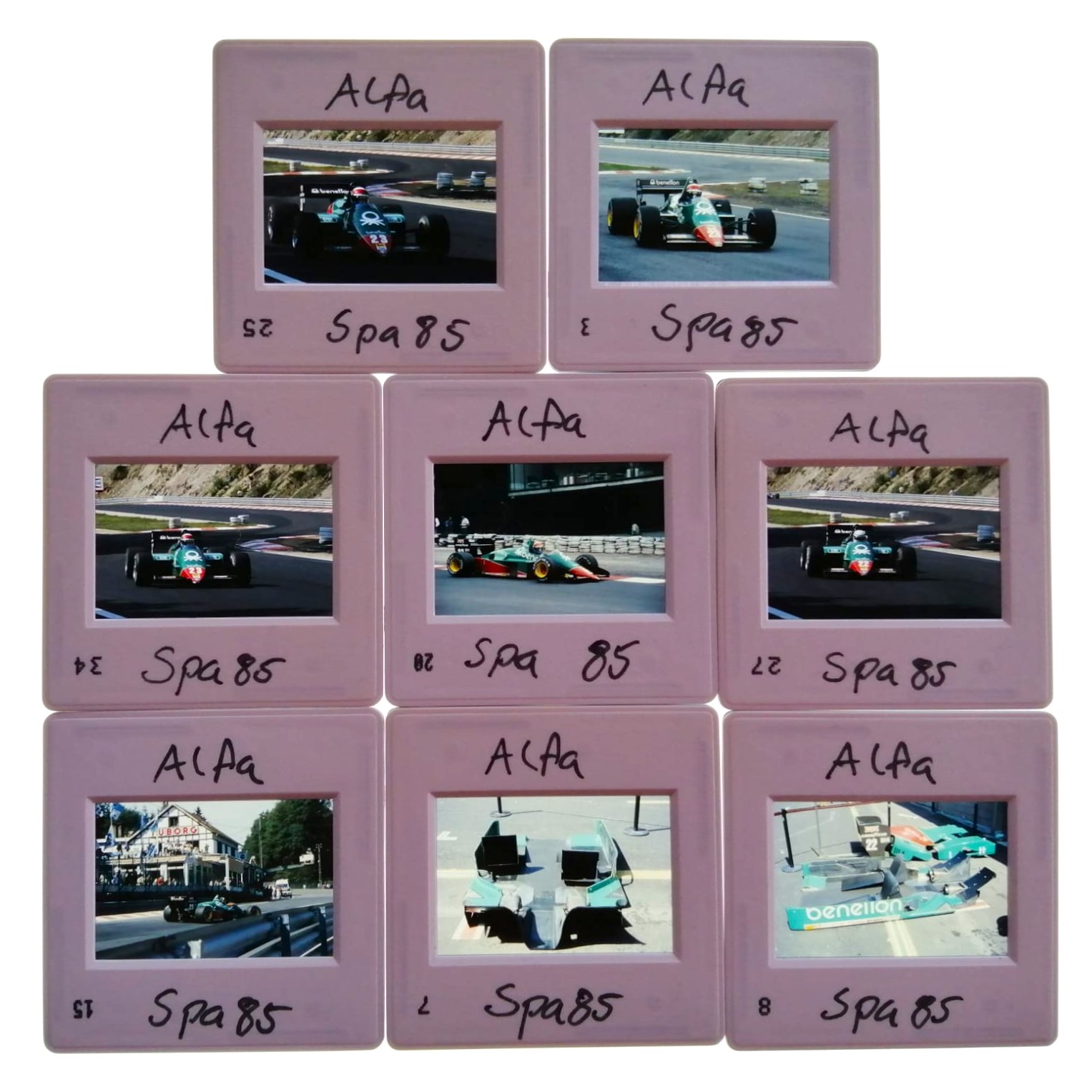 8 Stück alte Presse Foto DIAs, Alfa-Romeo, Eddie Cheever, Riccardo Patrese, Formel 1 Grand Prix Belgien Spa-Francorchamps 1985, 5x5cm