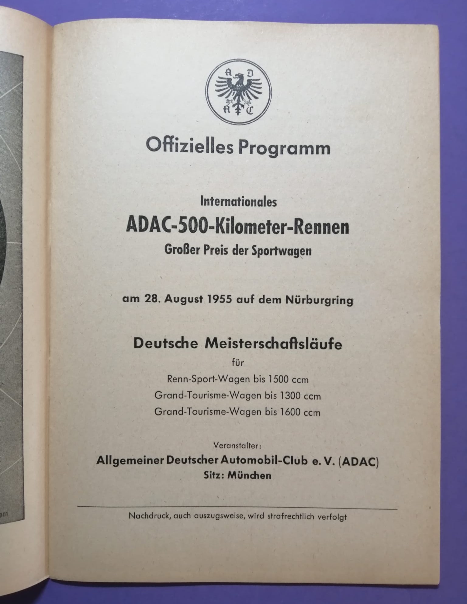 RARITÄT! altes Rennprogramm, 500km Rennen Nürburgring 1955, Grand Tourisme, Panhard, Porsche,.. Frankenberg, Moss, Trips,..