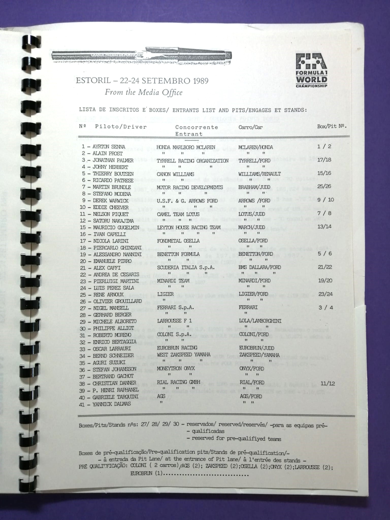 alte Original Pressemappe, Formel 1 Grand Prix Portugal Estoril 1989, ONYX, Ayrton Senna,..