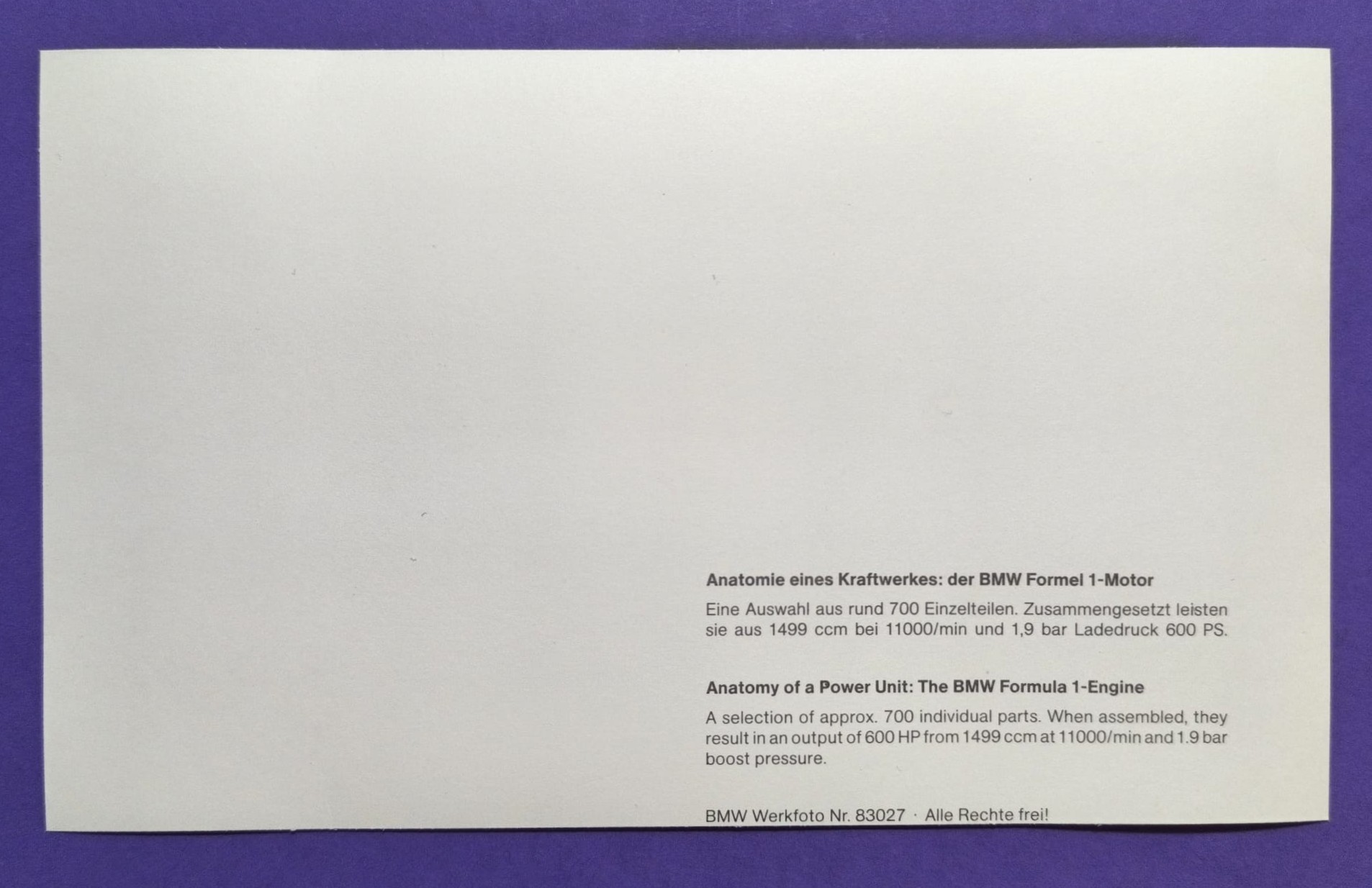 altes Presse Werksfoto, BMW Formel 1 Motor 80er Jahre, 13x22cm