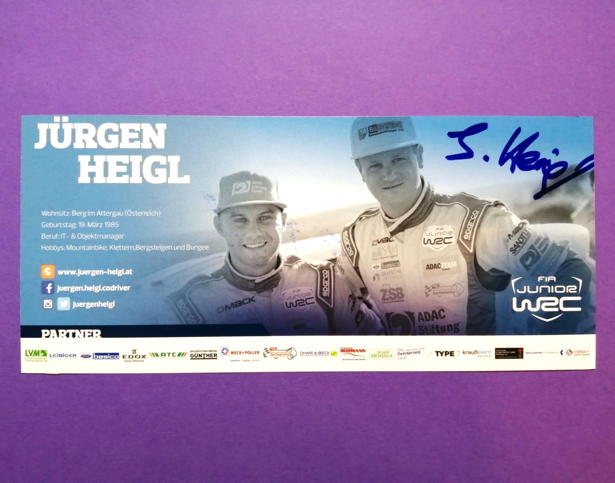 2 Original Autogramme, Jürgen Heigl, Ford Fiesta, WRC junior Rallye WM, Karte 9x21cm 