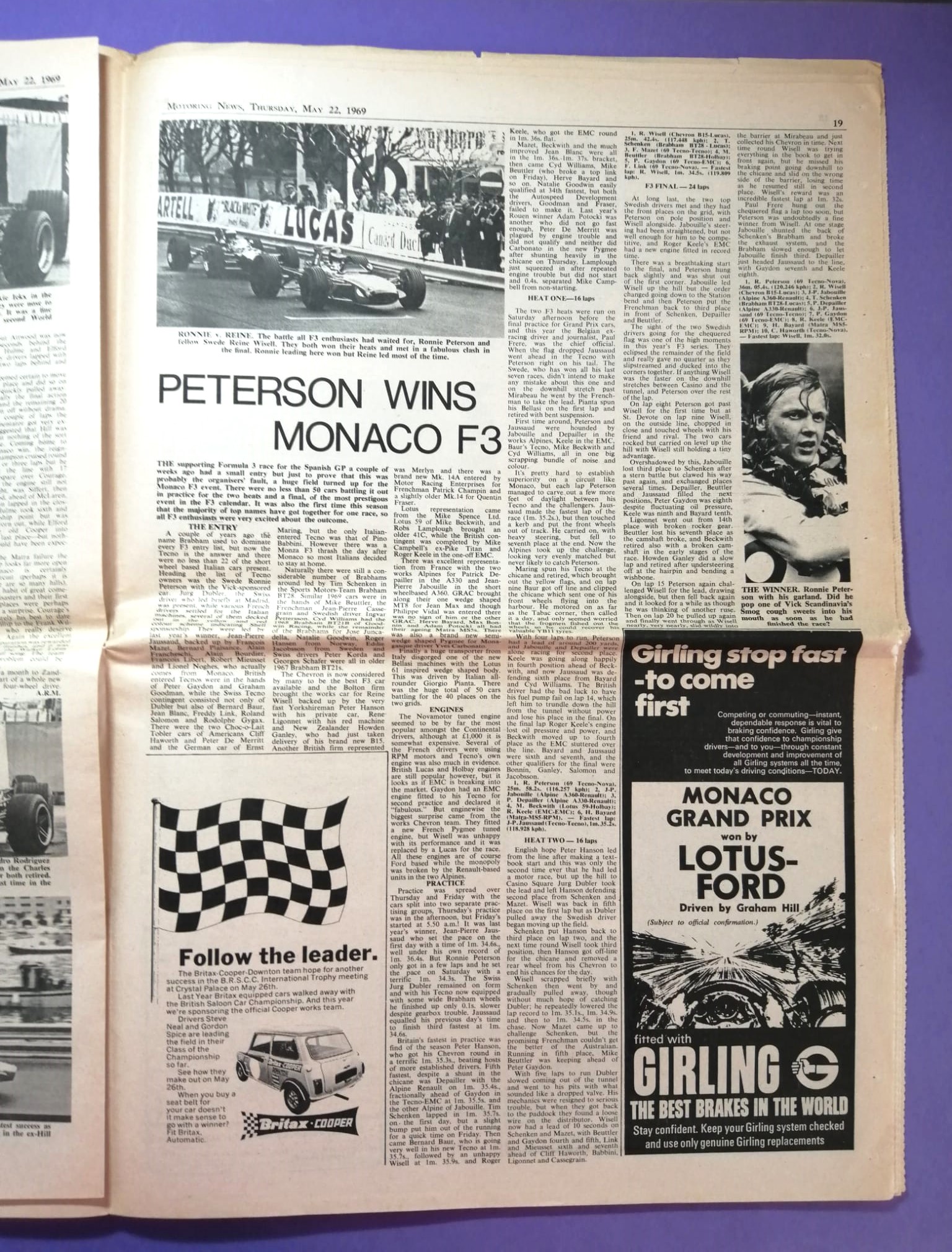 RARITÄT! alte Zeitung, Motoring News, 22. Mai 1969, G. Hill, Lotus, Sieger Formel 1 Monaco, R. Peterson Formel 3, Mini Cooper, Mikkola, Rallye,.. Englisch