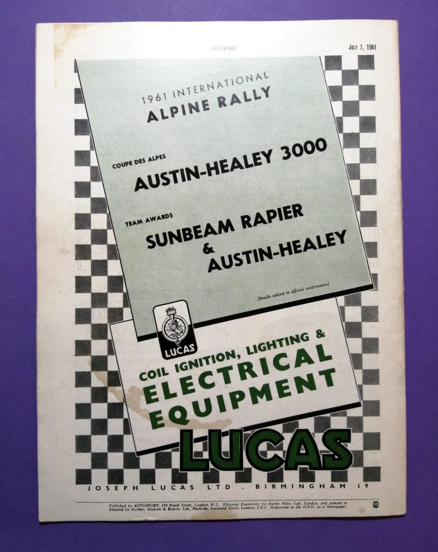 alte Zeitschrift Magazin Heft Autosport, 7. Juli 1961, Ferguson Four Wheel Drive P.99, Baghetti, Rallye,.. Englisch!