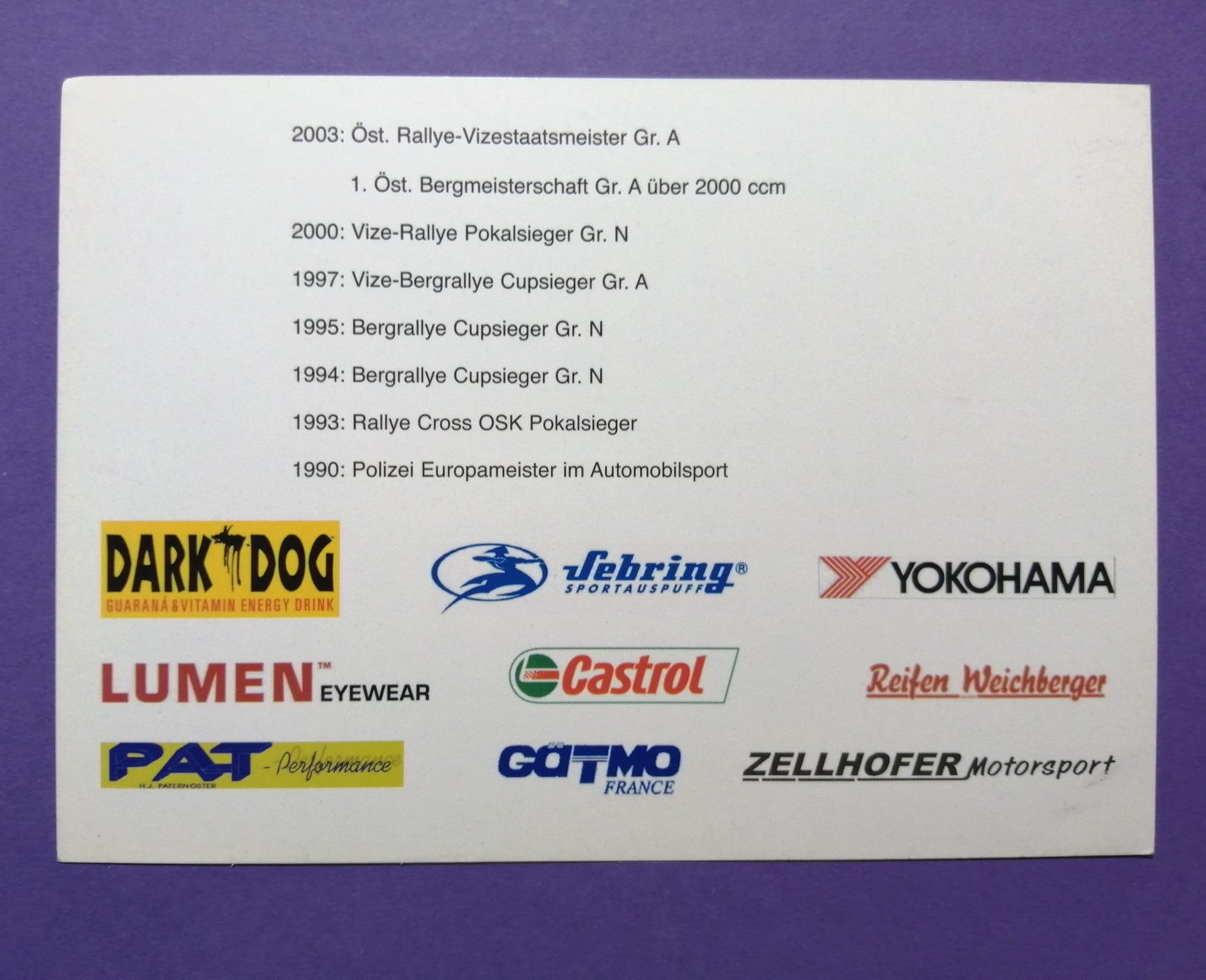 alte Autogrammkarte, Gottfried Kogler, Roland Rieben, Dark Dog, Sebring, Mitsubishi Lancer Evo, Rallye Österreich, 11x15cm 