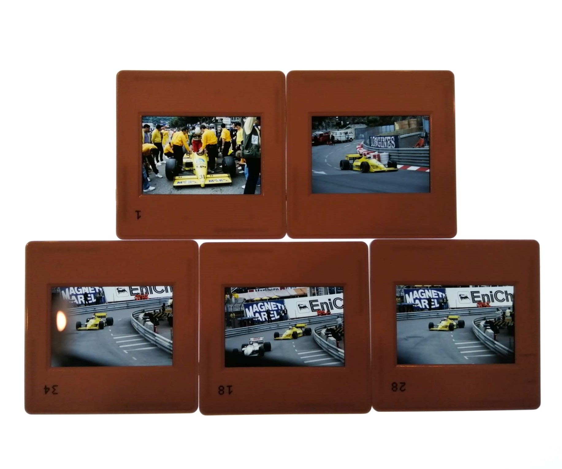 5 Stück alte Presse Foto DIAs, Gabriele Tarquini, Coloni Ford, Formel 1 Grand Prix Monaco 1988, 5x5cm