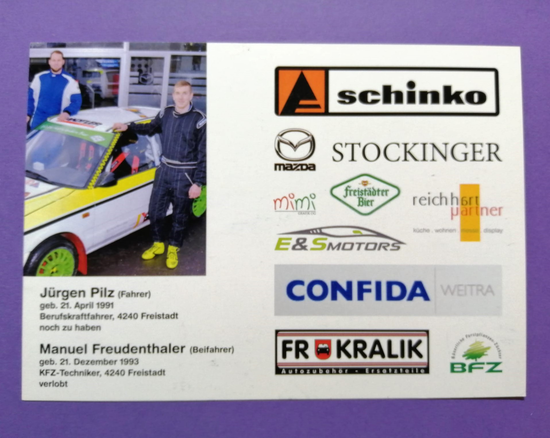2 Original Autogramme, Jürgen Pilz, Manuel Freudenthaler, Mazda 323 BG Turbo 4WD, Rallye Österreich, Karte 11x15cm