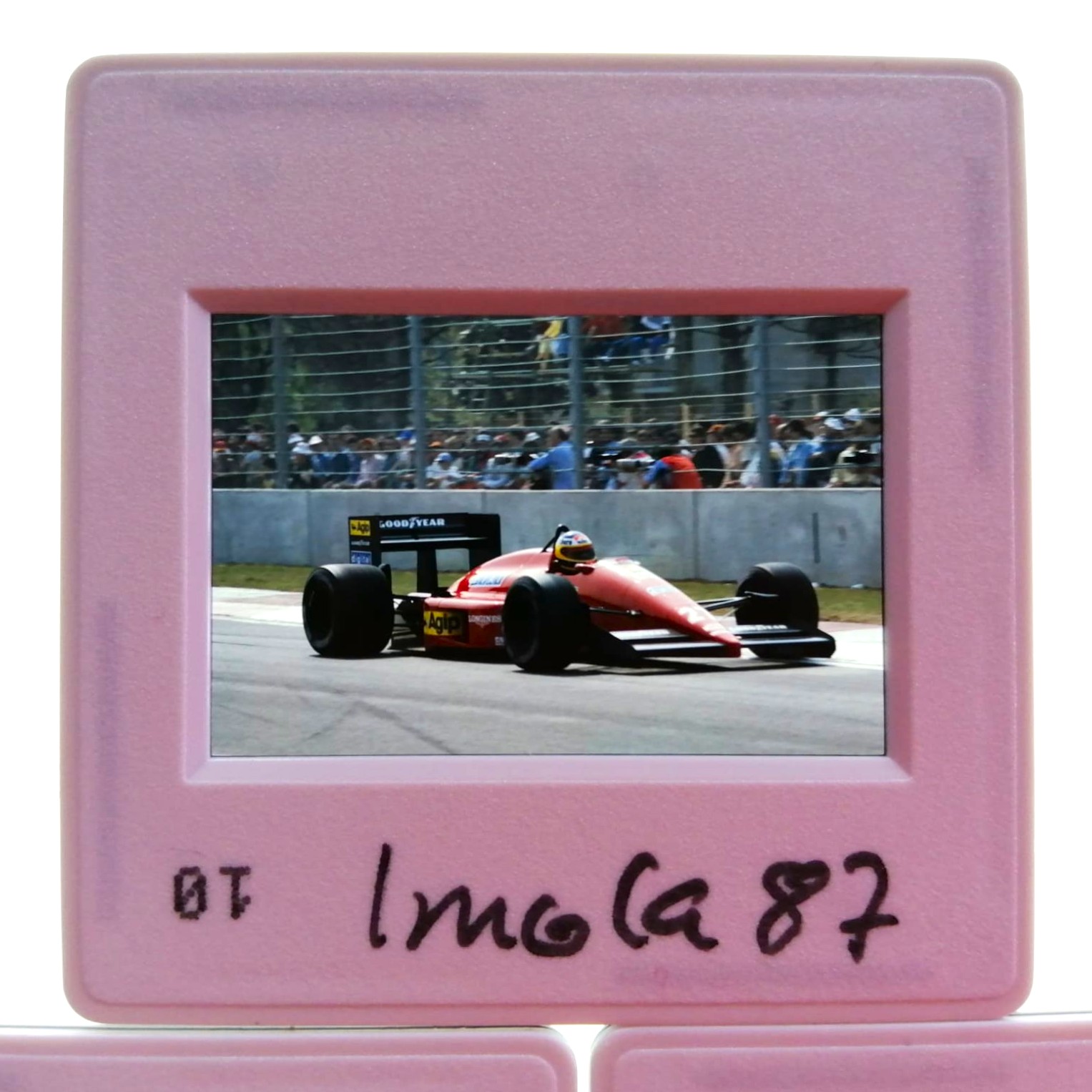 3 Stück alte Presse Foto DIAs, Michele Alboreto, Ferrari, Formel 1 Grand Prix San Marino Imola 1987, 5x5cm 
