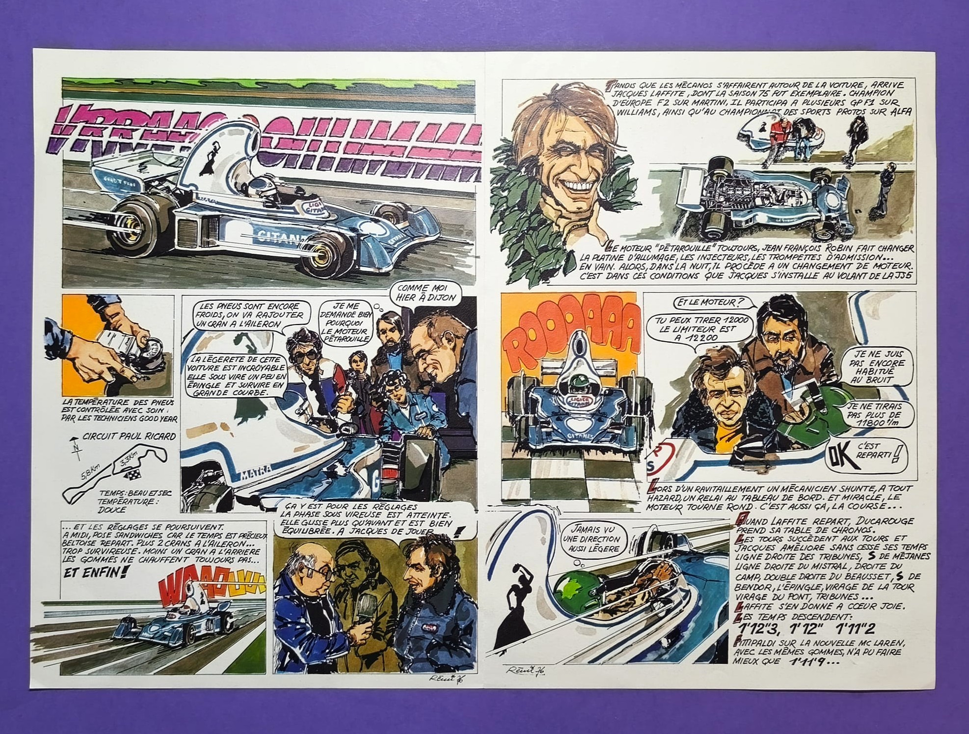 2 Stück alte Comic Folder, Gitanes Ligier Matra, Formel 1 Grand Prix 1976, 21x30cm