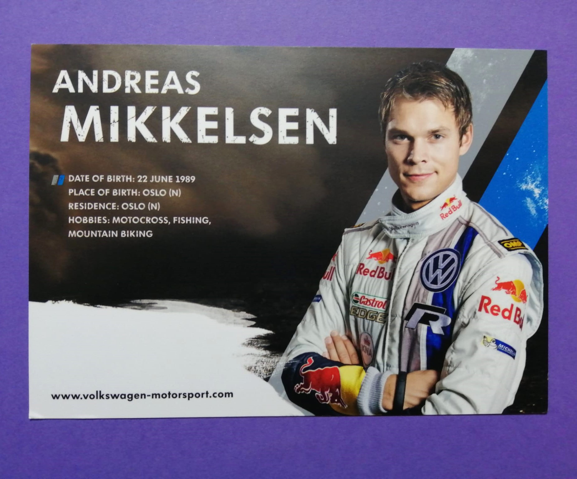 Autogrammkarte, Andreas Mikkelsen, Red Bull VW Polo WRC, Rallye 2010er Jahre, 11x15cm