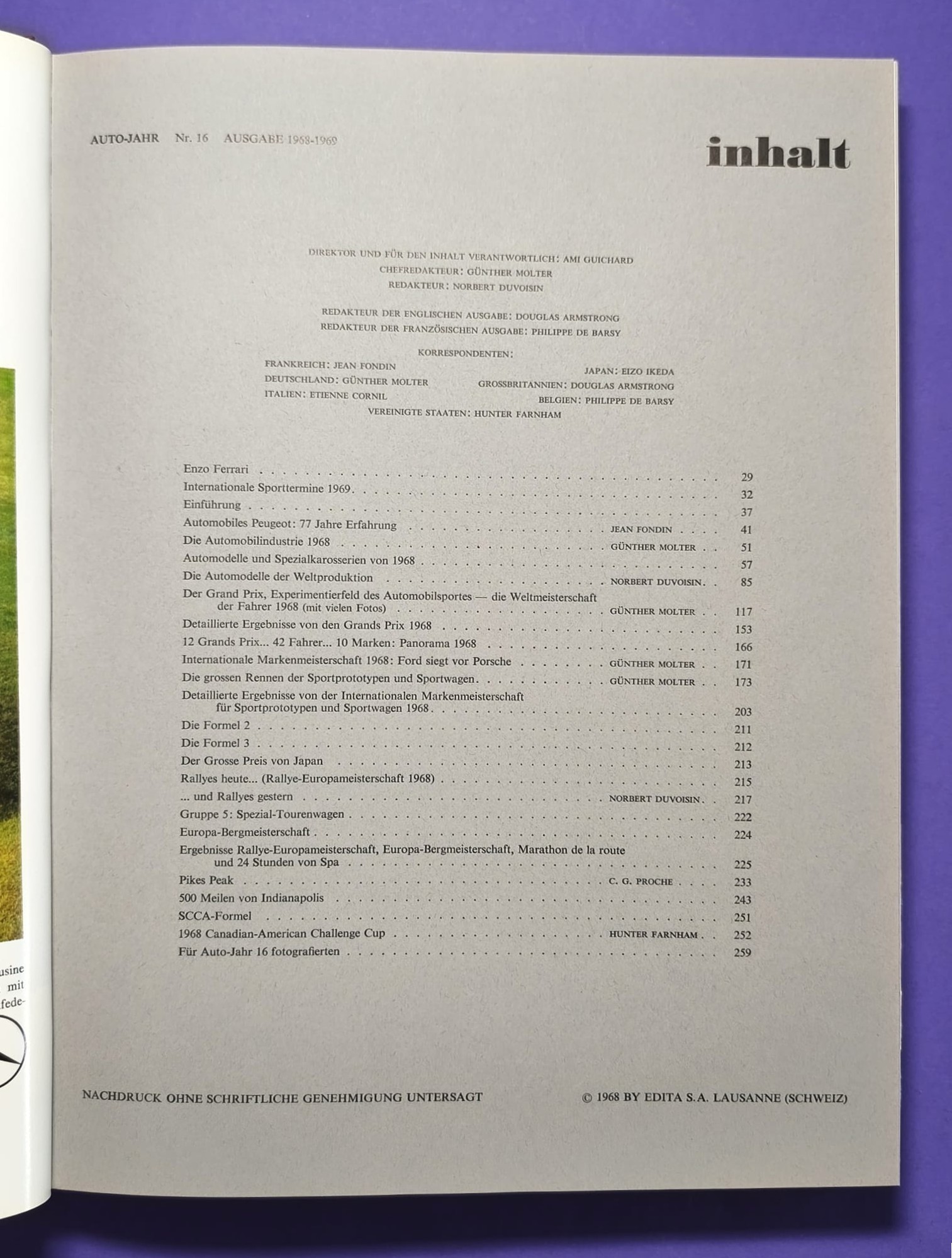 altes Buch, Auto Jahr 1968-1969 Nr. 16, Lamborghini, Ferrari,.. Formel 1, LeMans, Rallye, Indy Car,.. Jochen Rindt, Hill, Ickx, Siffert,.. Lotus,..