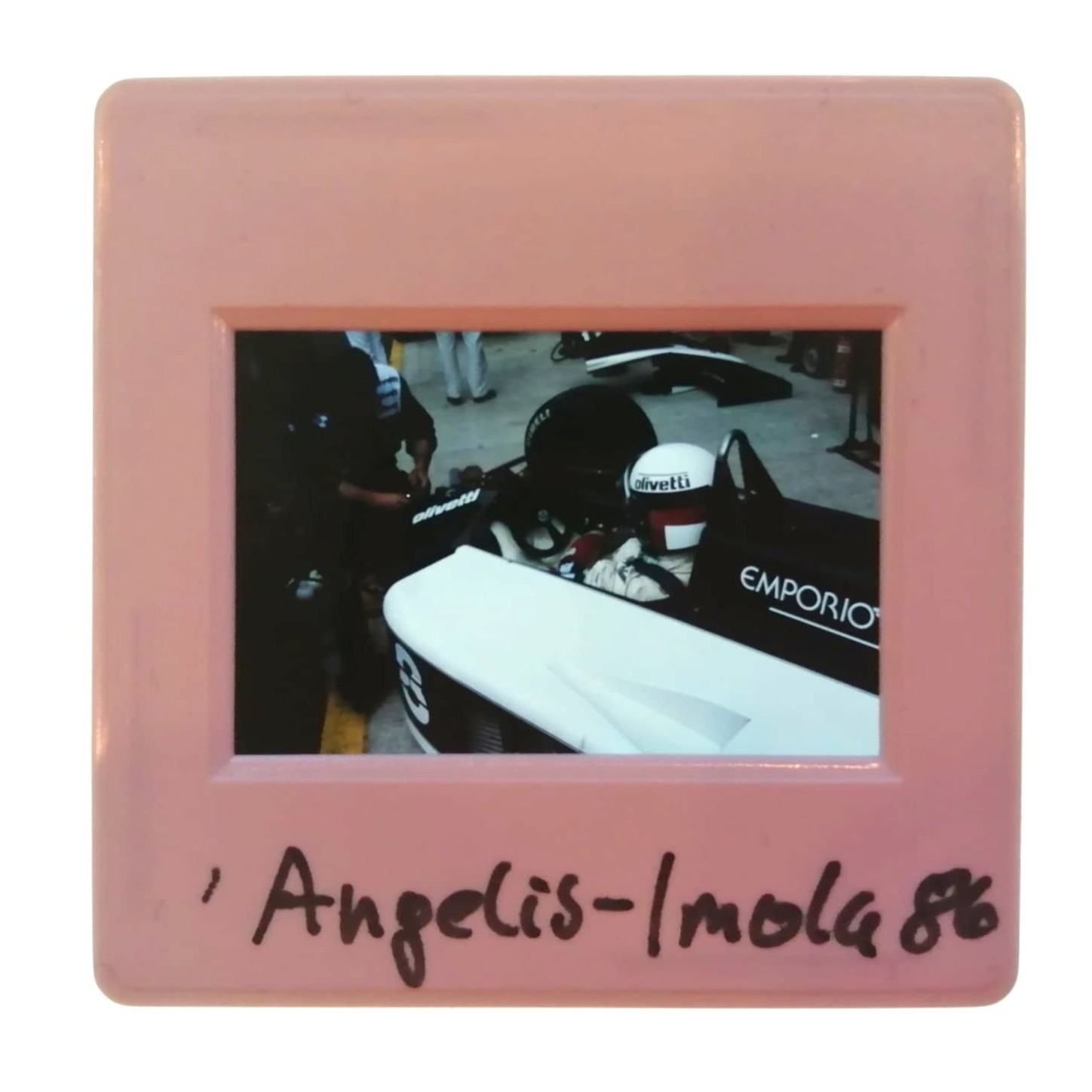 altes Presse Foto DIA, Elio de Angelis, Brabham, Formel 1 Grand Prix San Marino Imola 1986, 5x5cm