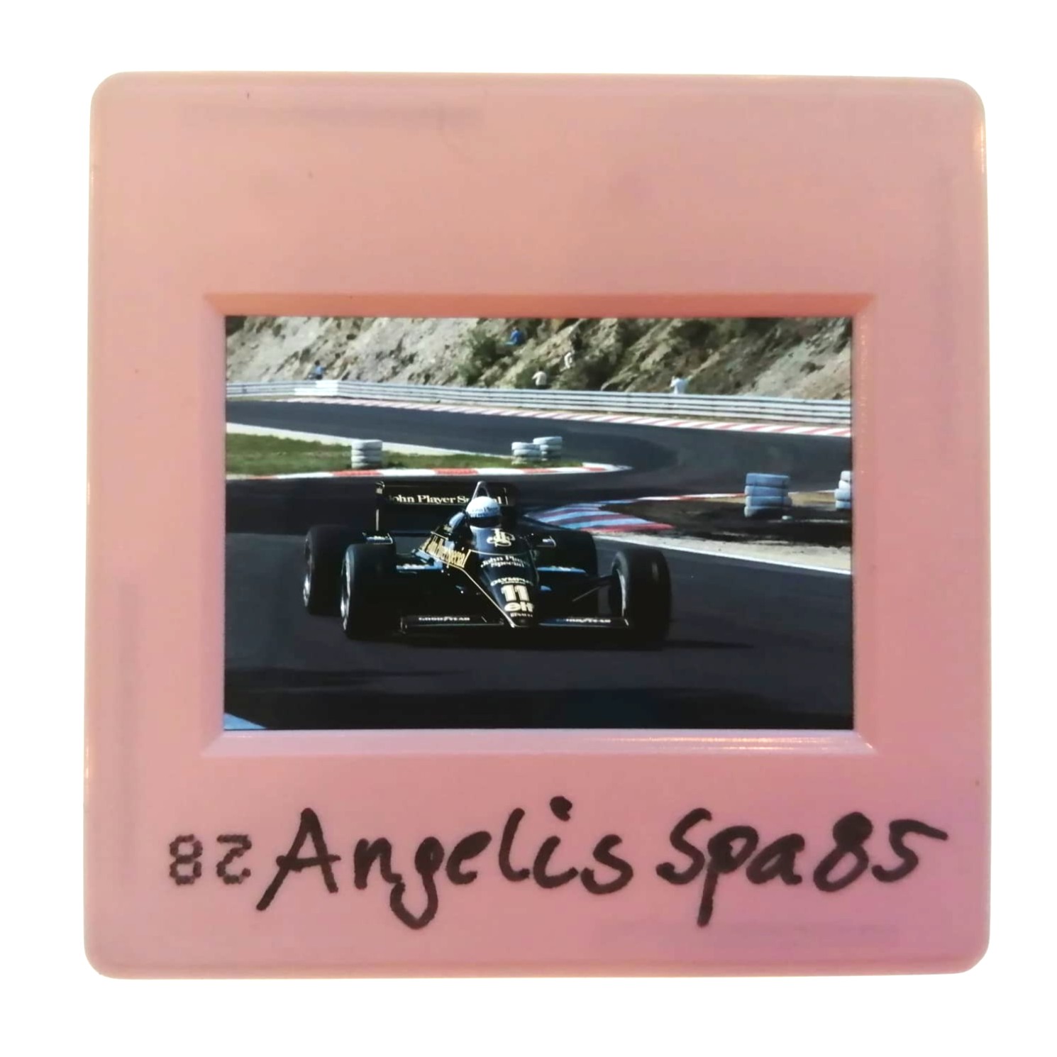 altes Presse Foto DIA, Elio de Angelis, John Player Lotus, Formel 1 Grand Prix Belgien Spa-Francorchamps 1985, 5x5cm