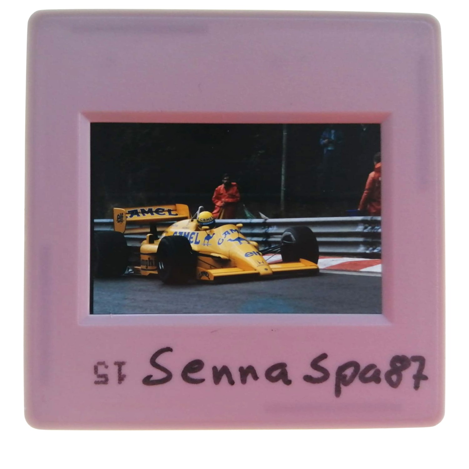 altes Presse Foto DIA, Ayrton Senna, Camel Lotus Honda, Formel 1 Grand Prix Belgien Spa-Francorchamps 1987, 5x5cm 