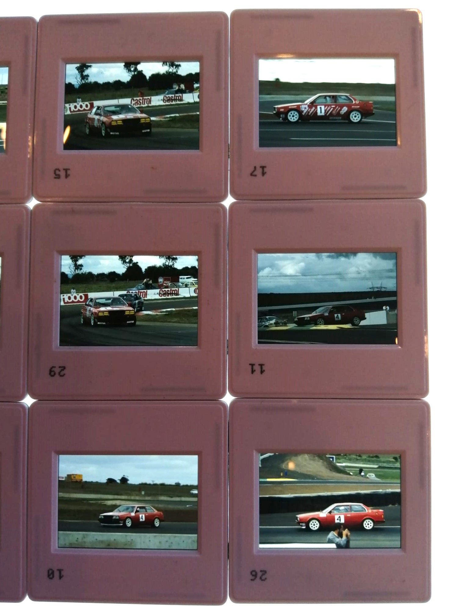 RARITÄT! 9 Stück alte Presse Foto DIAs, Bartlett, Hahne, Livio, Gunnella, Tesini, Imberti Maserati Biturbo 331 B25, Tourenwagen WM Australien Calder 1987, 5x5cm