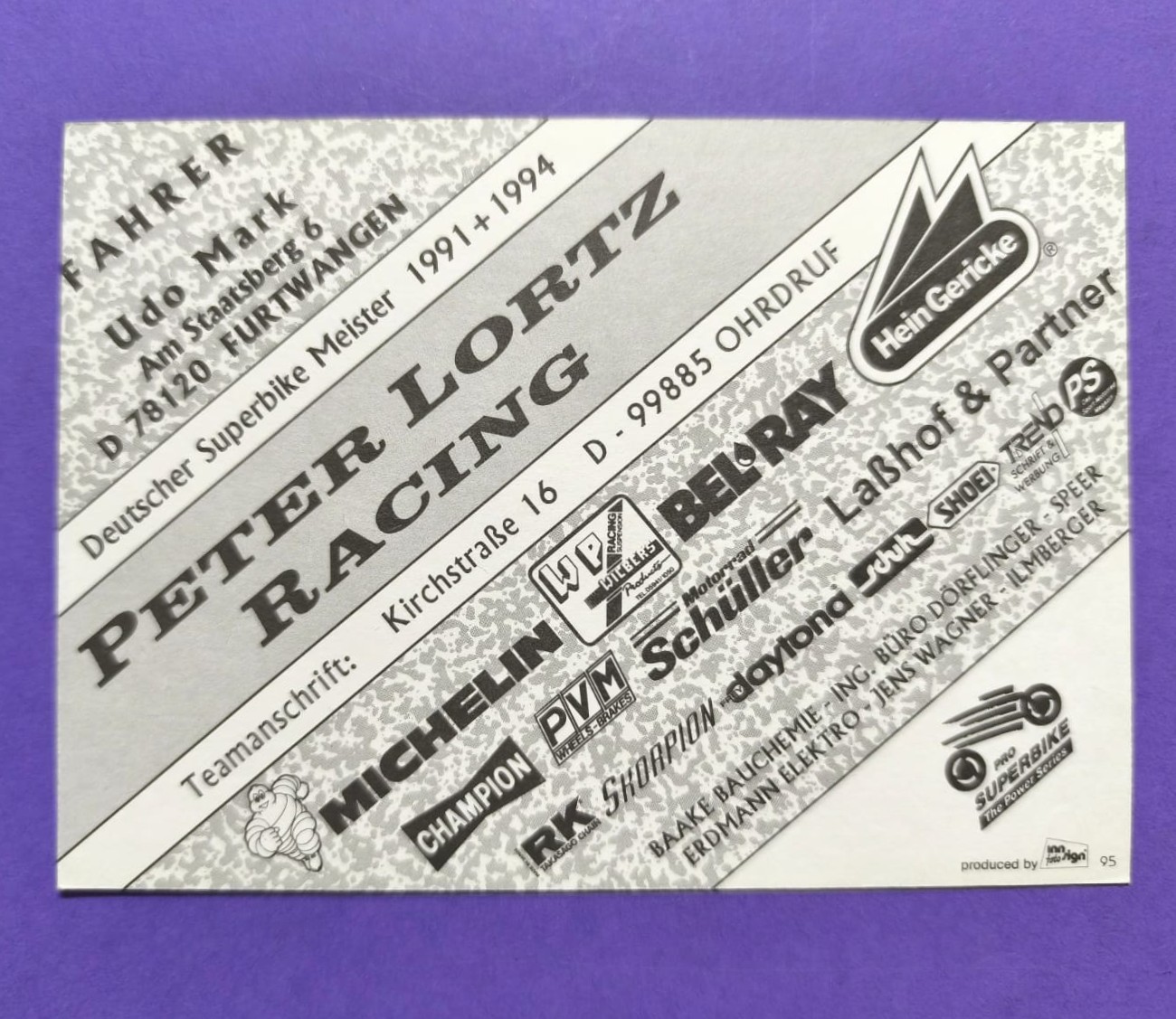 alter Aufkleber Autogrammkarte, Udo Mark, Ducati 916SP, Peter Lortz Racing, Deutscher Motorrad Superbike Meister 1991 & 1994, 10x15cm