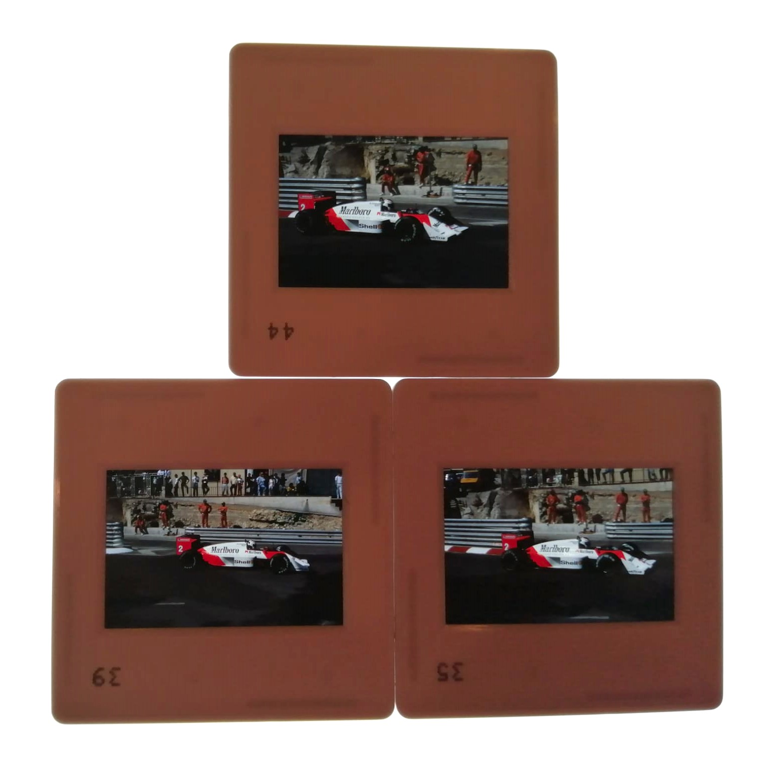 3 Stück alte Presse Foto DIAs, Stefan Johansson, Marlboro McLaren Porsche, Formel 1 Grand Prix Monaco 1987, 5x5cm 